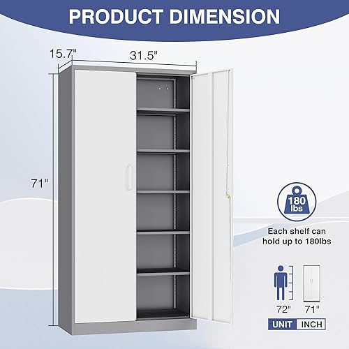 Miniatura 11 de Armario de almacenamiento de metal con cerradura, gabinete de almacenamiento de 72 pulgadas de alto con puertas y estantes ajustables, armarios de