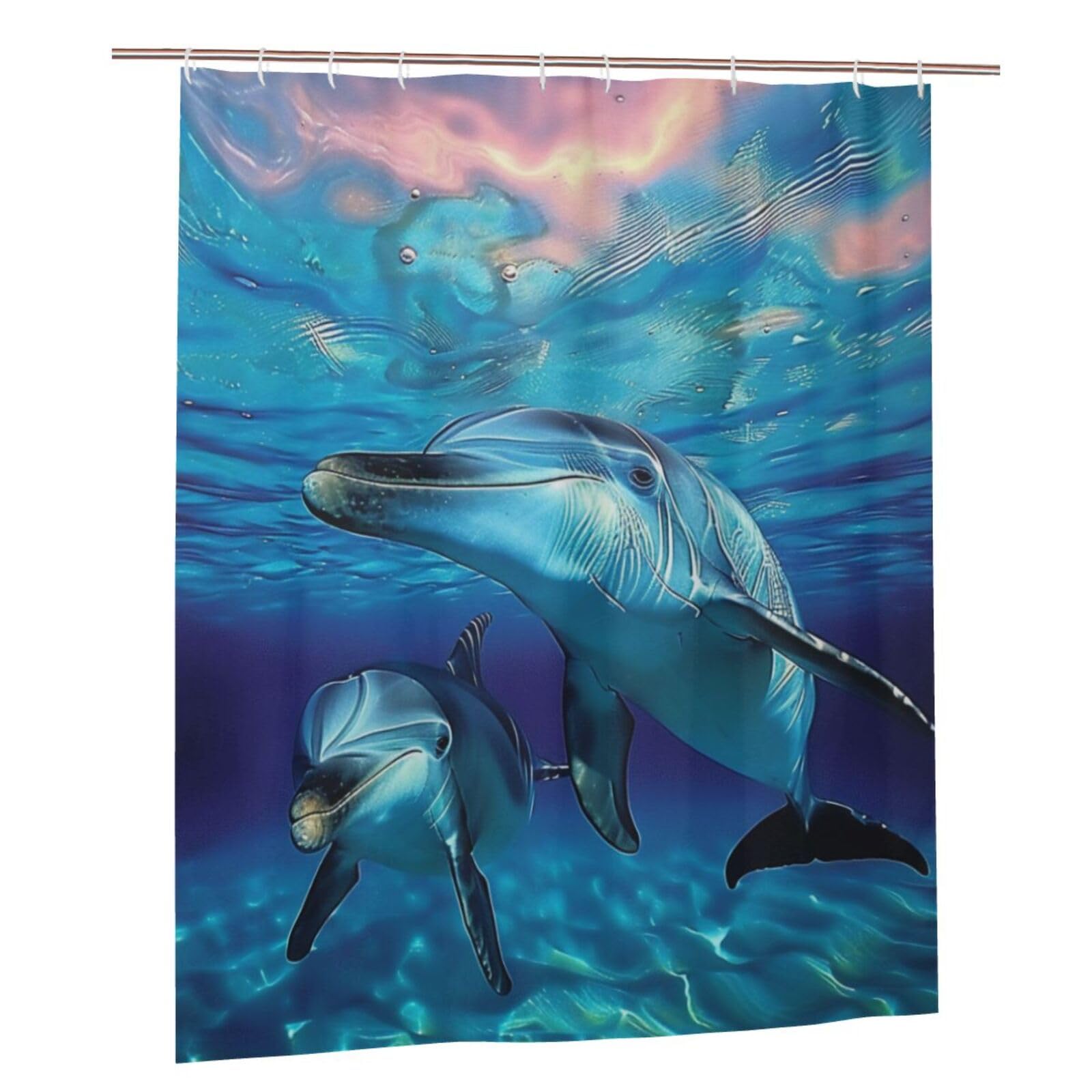 BWWHCCTI Dolphin Printed Shower Curtain With 12 Plastic Hooks Opaque Quick Drying Waterproof Shower Curtains Sets For Bathroom 152x183 Cm