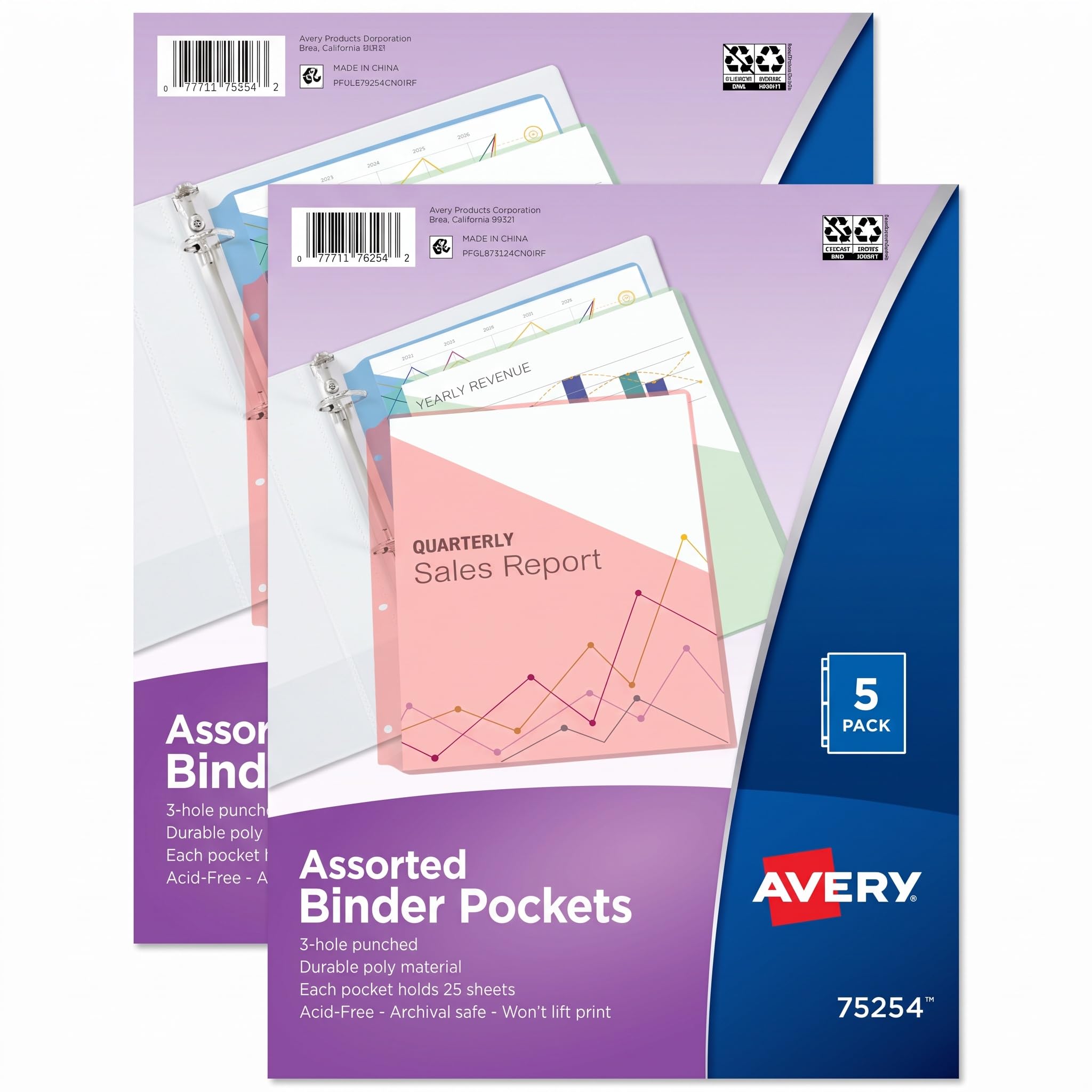 Avery Binder Pockets, Assorted Colors, 8.5" x 11", Acid-Free, Durable, 5 Slash Jackets (75254) (Pack of 2)