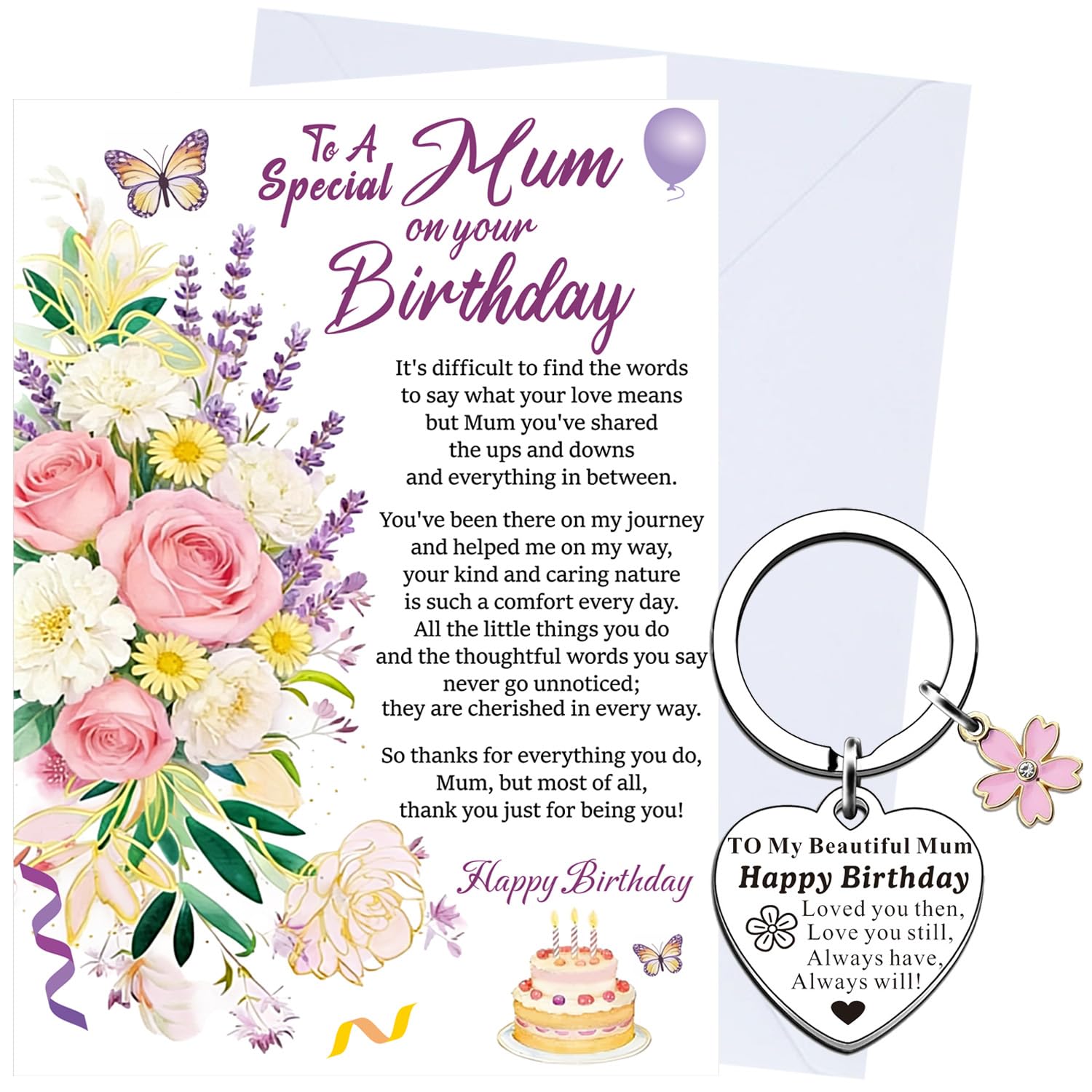 XINDY Mum Birthday Card, Sentimental Wording & Floral Design Happy Birthday Card Mum Keyring Gifts from Son Daughter with Envelope