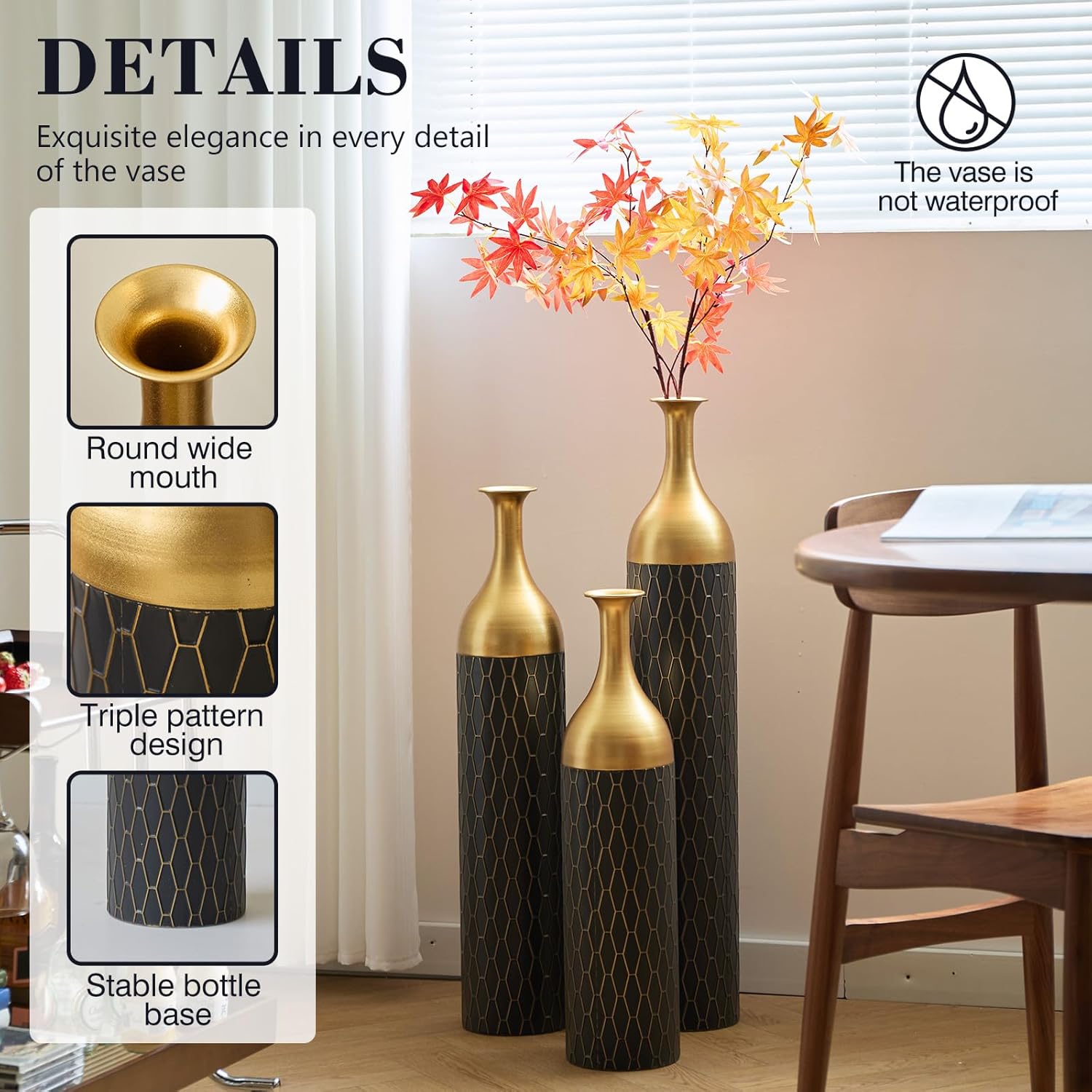 Tall Floor Vases Set of 3, Black Gold Decorative Metal Standing Vases with Honeycomb Pattern, Large Vase for Living Room, Entryway, Fireplace & Corner Home Decor