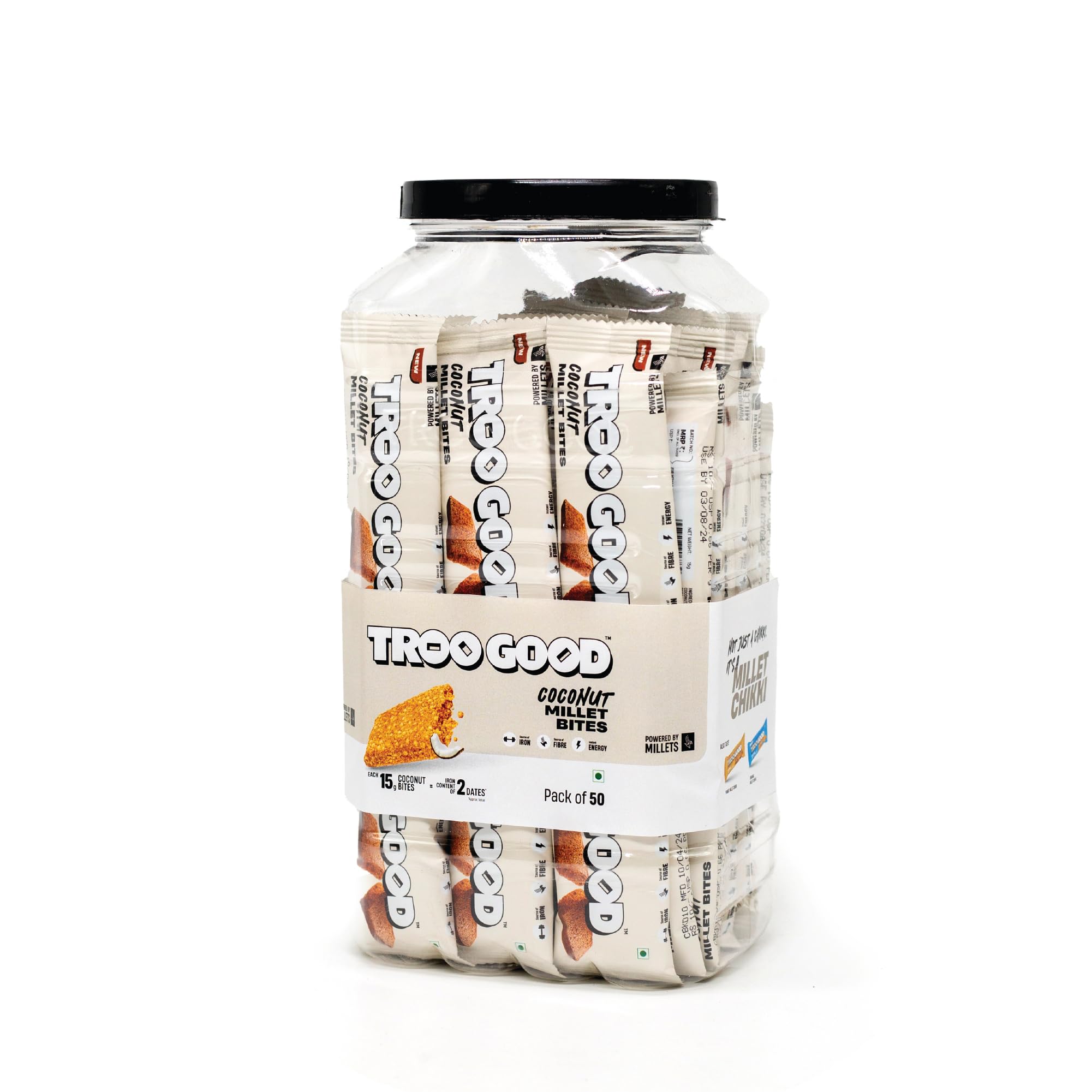 TROOGOOD Coconut Millet Chikki | Iron & Fiber Rich, High-Energy Jaggery Snack Bars | No Preservatives or Colors | Barfi | Chikki | Jar of 50Pcs, 15g Each (B0D3FBZJB3) Amazon Price History, Amazon Price Tracker