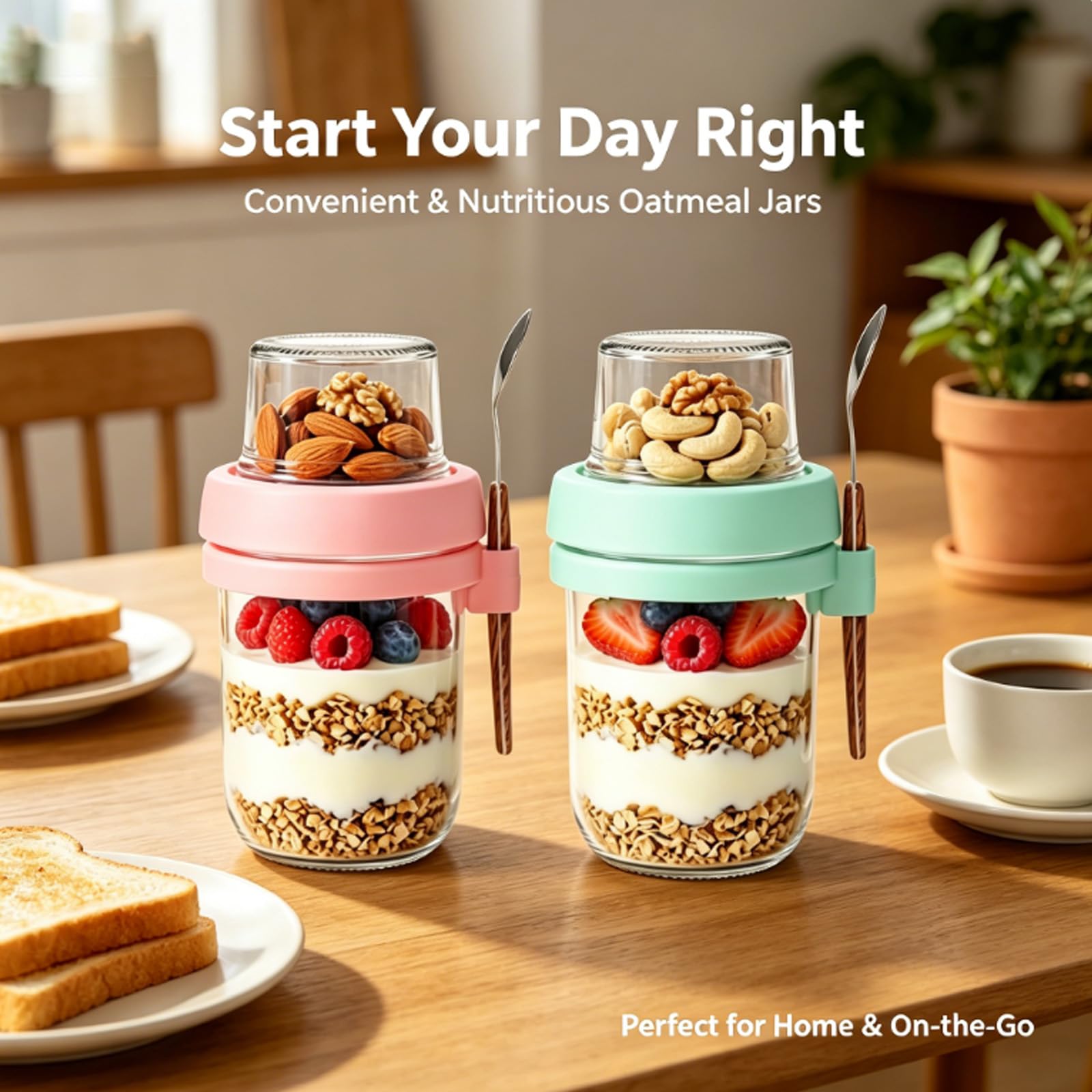 Juego de 2 vasos de cereales para llevar, 480 ml + 120 ml, vasos de yogur para llevar, vasos de preparación de comida, smoothie Bowl, vasos de avena para trabajo, escuela y viajes, color