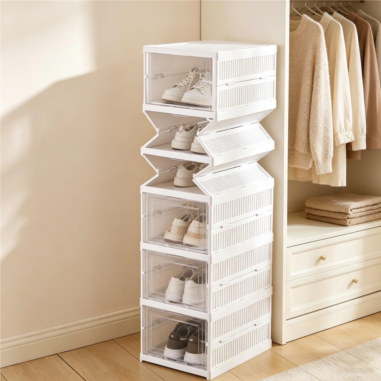 TYNGBT Transparent Door Fold-Top Shoe Cabinet, Stackable Freestanding Shoe Rack with Lid, Ready-to-Assemble Shoe Organizer for Closets & Entryways, 6 Tiers