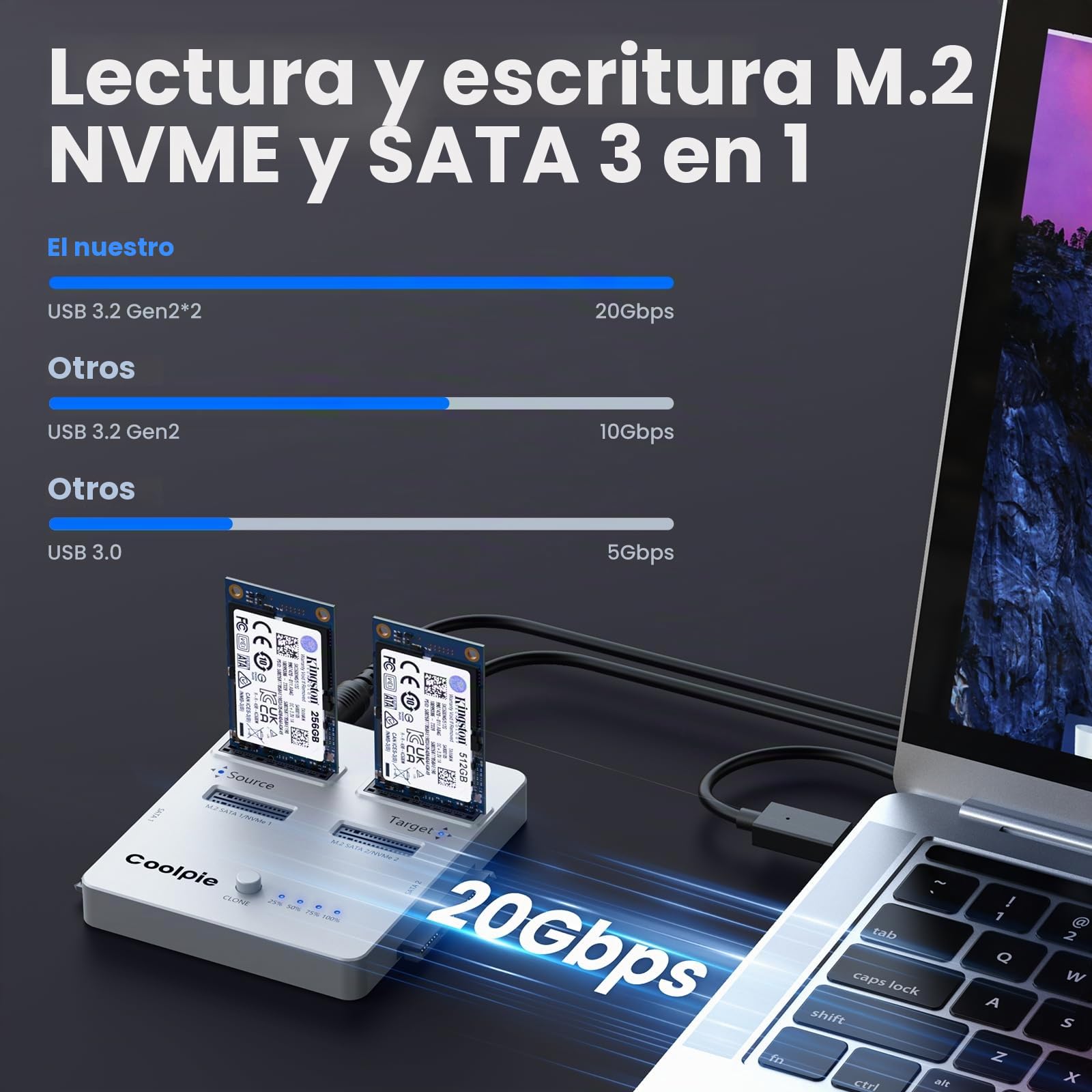 Coolpie Duplicador NVMe/SATA 3 en 1: USB 3.2 Gen 2x2, Aluminio, Plateado