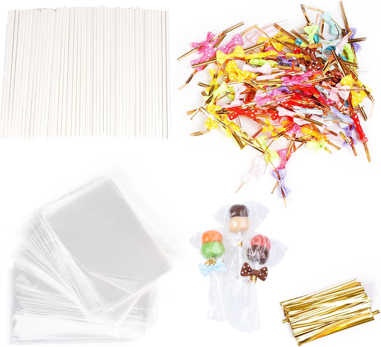500Pcs Cake Pop Sticks and Wrappers, Lollipop Sticks Cake Pop Bags with Metallic Twist Ties Bow, for Making Lollipops Cookies Candies Chocolates