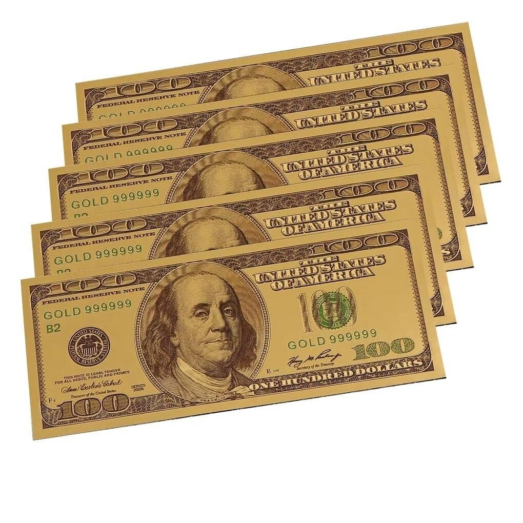 YIQILAFADA 5pcs Gold 100 Dollar Bills, 100 Gold Leaf Bills for Party Banknotes Album Money Home Decoration