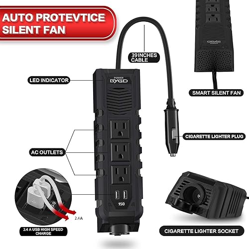 Miniatura 4 de BYGD Inversor de corriente de coche de 150 W para vehículos, DC 12 V a 110 V CA adaptador de enchufe de coche convertidor de salida con 1 toma de
