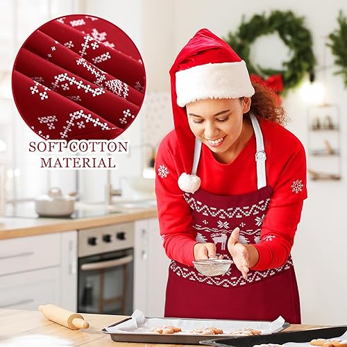 Miniatura 6 de Ramede 4 delantales nórdicos rojos de Navidad para mujeres, delantal de cocina ajustable de algodón con copos de nieve de invierno con bolsillos