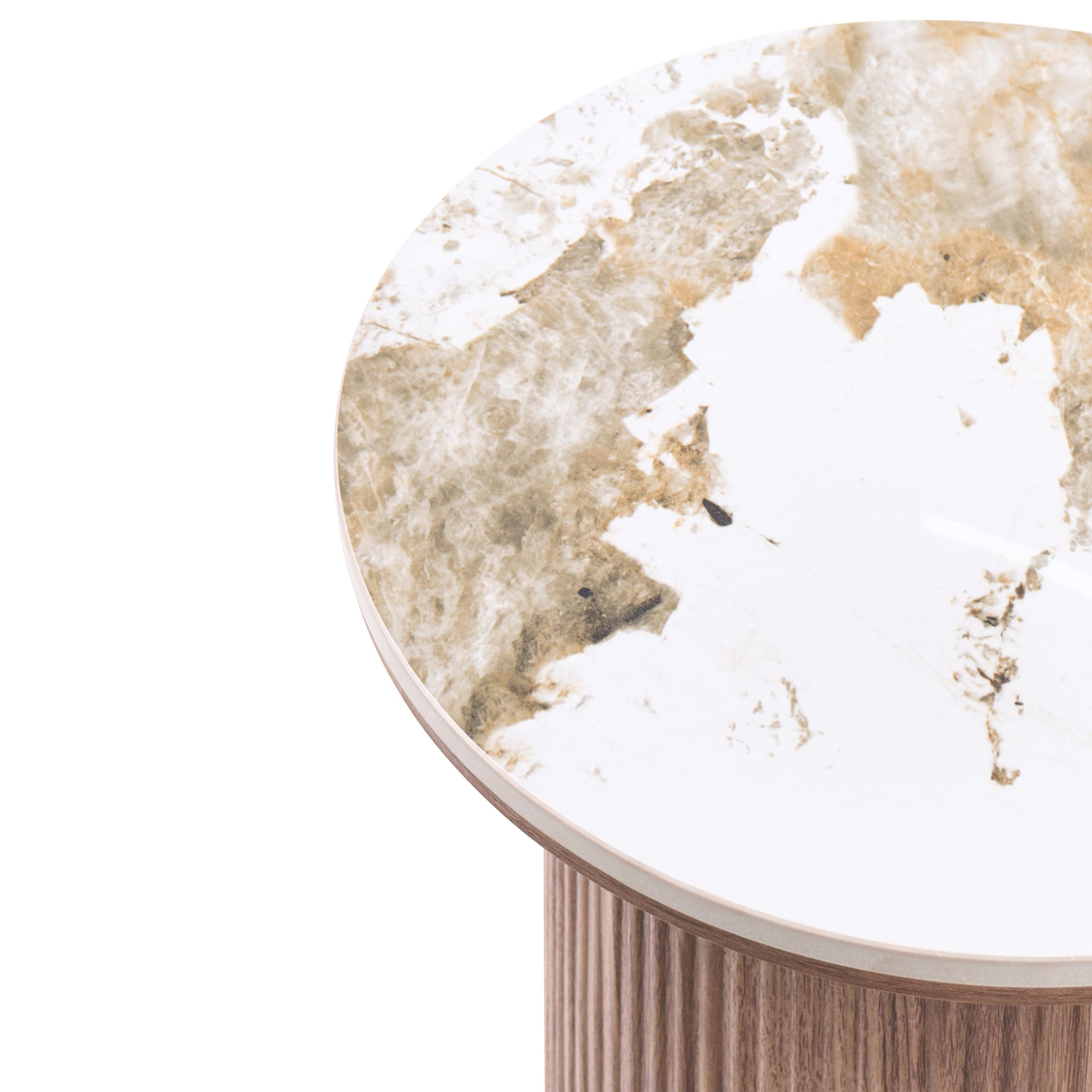 Beliani Table d'Appoint MDF et Plateau en Céramique Marbre Blanc Design Moderne Pied Nervuré ø 45 cm Marron Dora