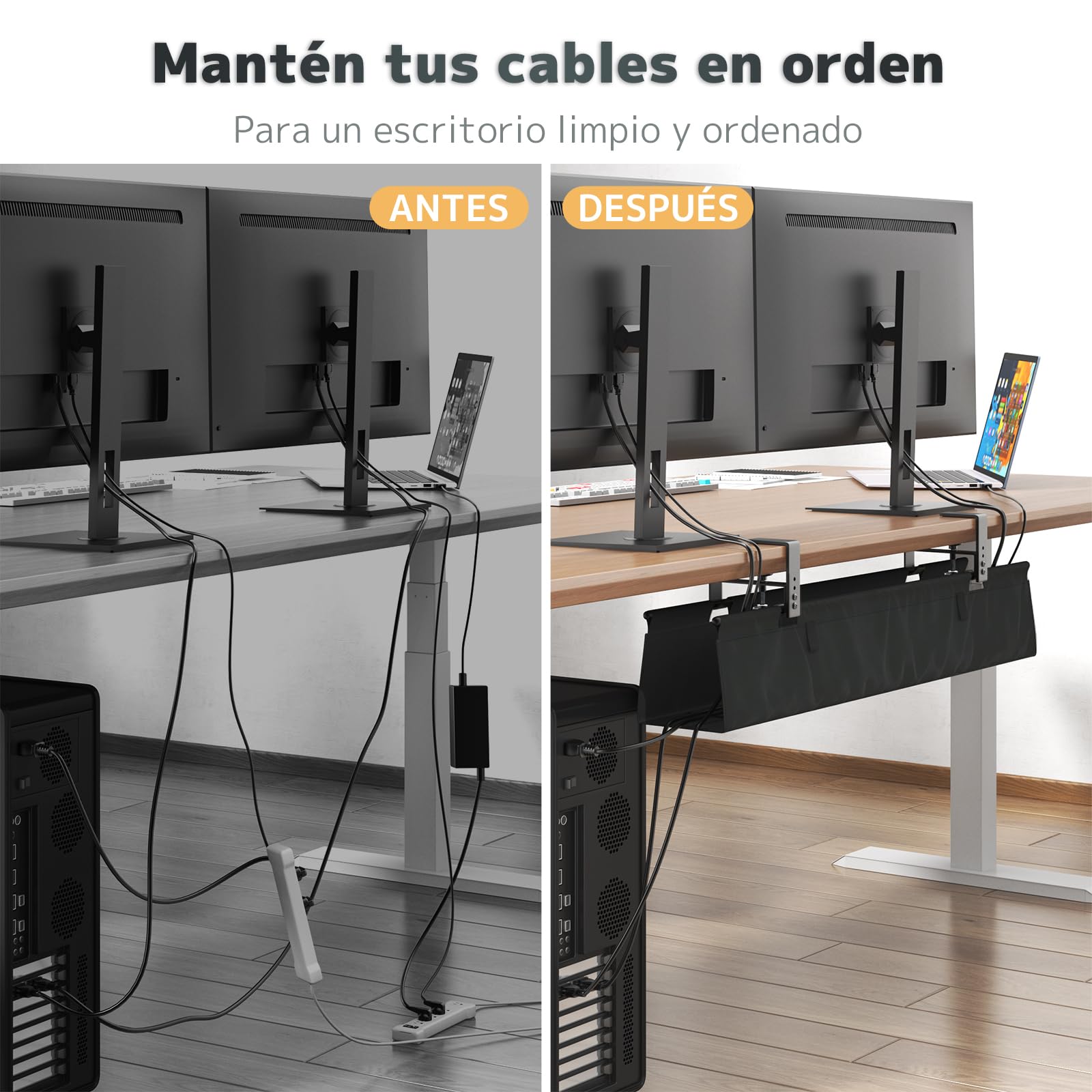 Organizador de Cables para Escritorio Sin Taladro, Cable Management Under Desk 90cm con Fijación a Pinzas/Tornillos, Bandeja de Cable de Tela Estable e Impermeable para Hogar y Oficina, Negro