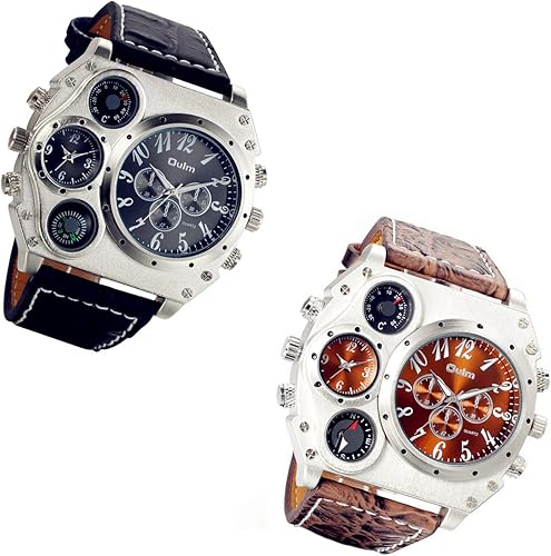 Reloj steampunk de gran tamaño para hombre doble zona horaria cuatro diales correa de cuero suave política termómetro de brújula del ejército esfera