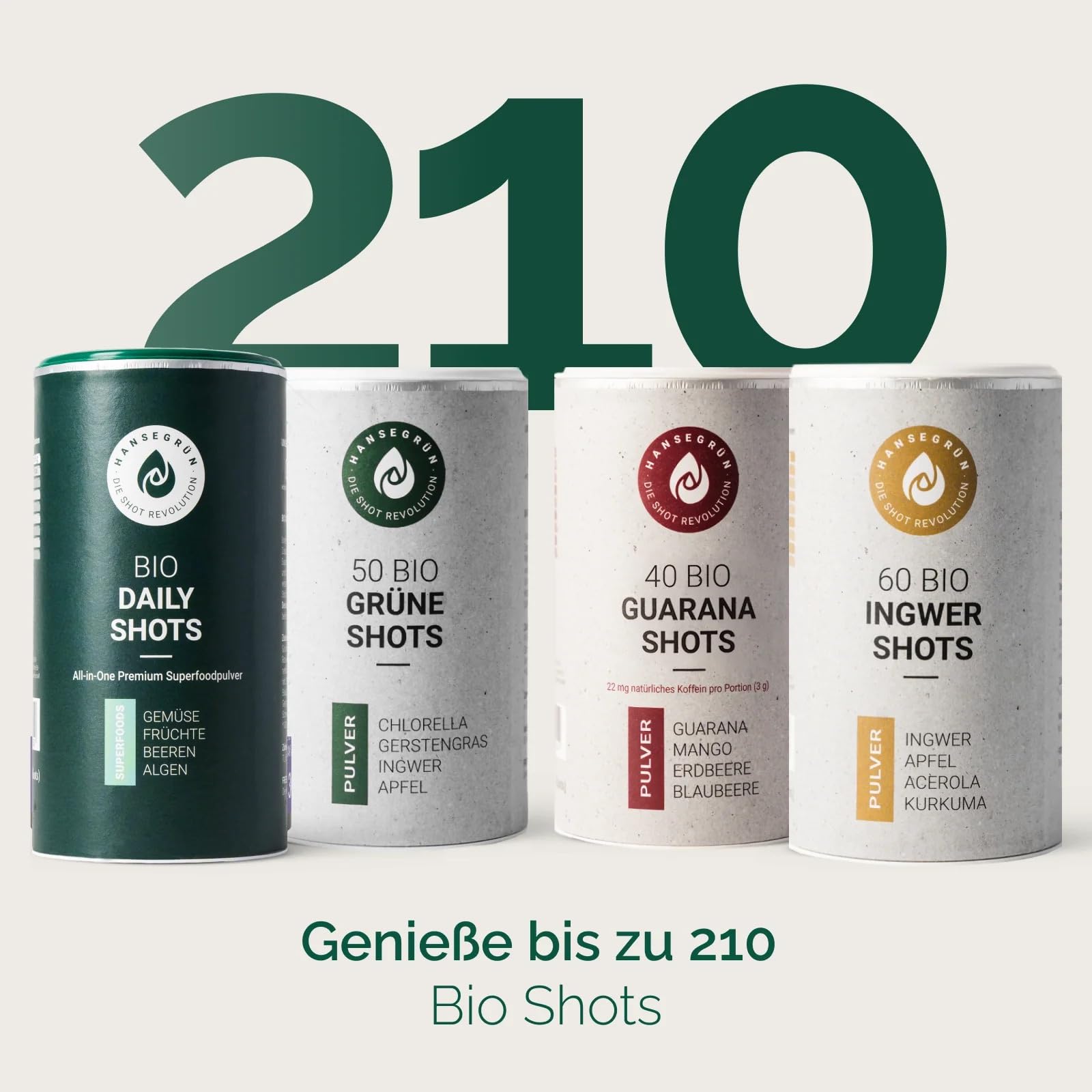 Mittleres Routineset - Ingwer Shots (60 Stk.), Grüne Shots (50 Stk.), Guarana Shots (40 Stk.), Daily Shot (120 Stk.) - Immunsystem¹, Darmfunktion², & Anti-Müdigkeit⁴ - 100% echte Zutaten