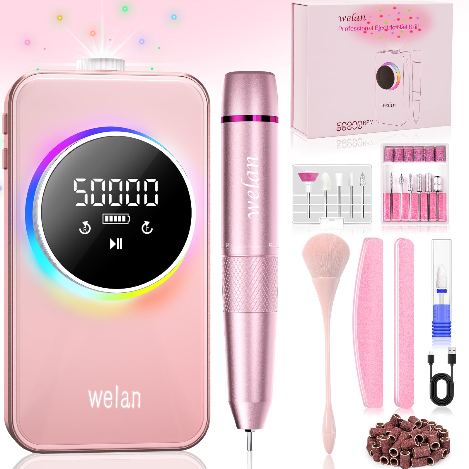 Welan Electric Nail Drill Professional 50000RPM, Electric Nail File Rechargeable Nail Drill Kit 6000mAh Portable Nail Drill for Acrylic Gel Nail, Manicure Pedicure Polishing Nail for Salon Home