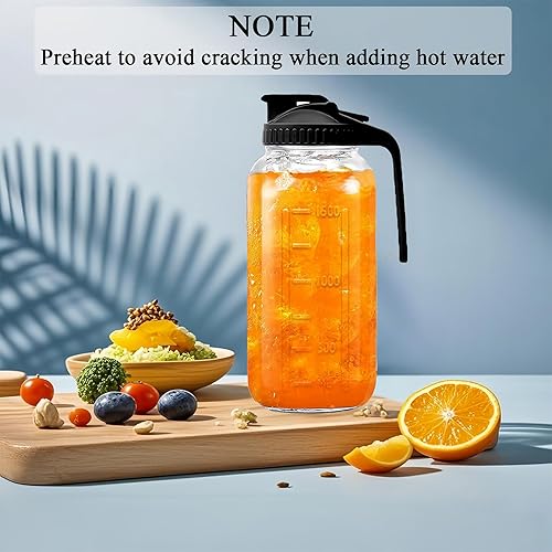Miniatura 8 de Jarra de vidrio de 64 onzas con asa y tapa, tarro Mason de 2 cuartos de galón, jarra de agua grande, recipientes de vidrio para refrigerador, jarra