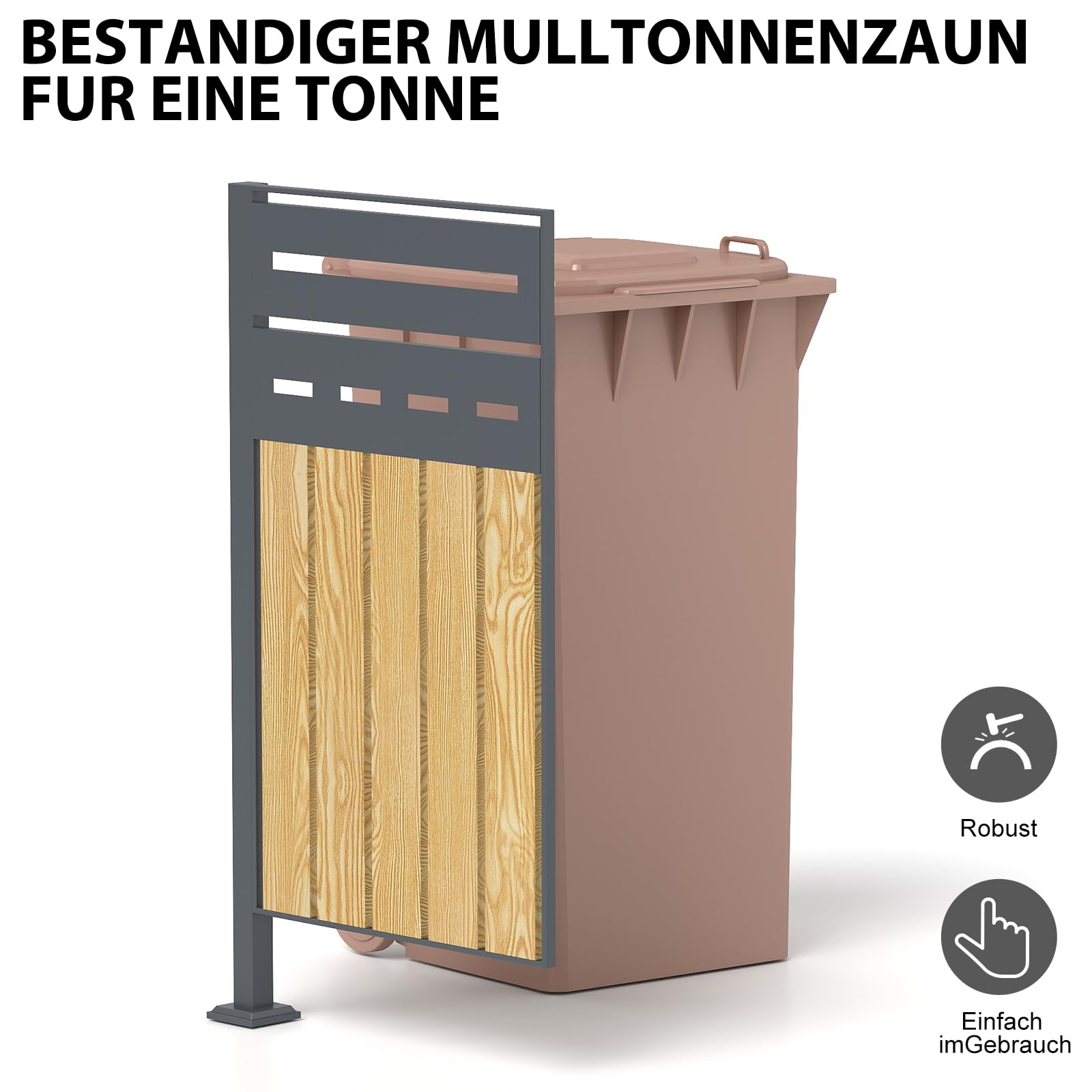 Mülltonnenzaun, Erweiterungsmodul Mülltonnenbox für 60-240L Mülltonnen, Mülltonnenverkleidung mit Sichtschutz, 80x150x5cm für 1 Mülltonne, Holzoptik