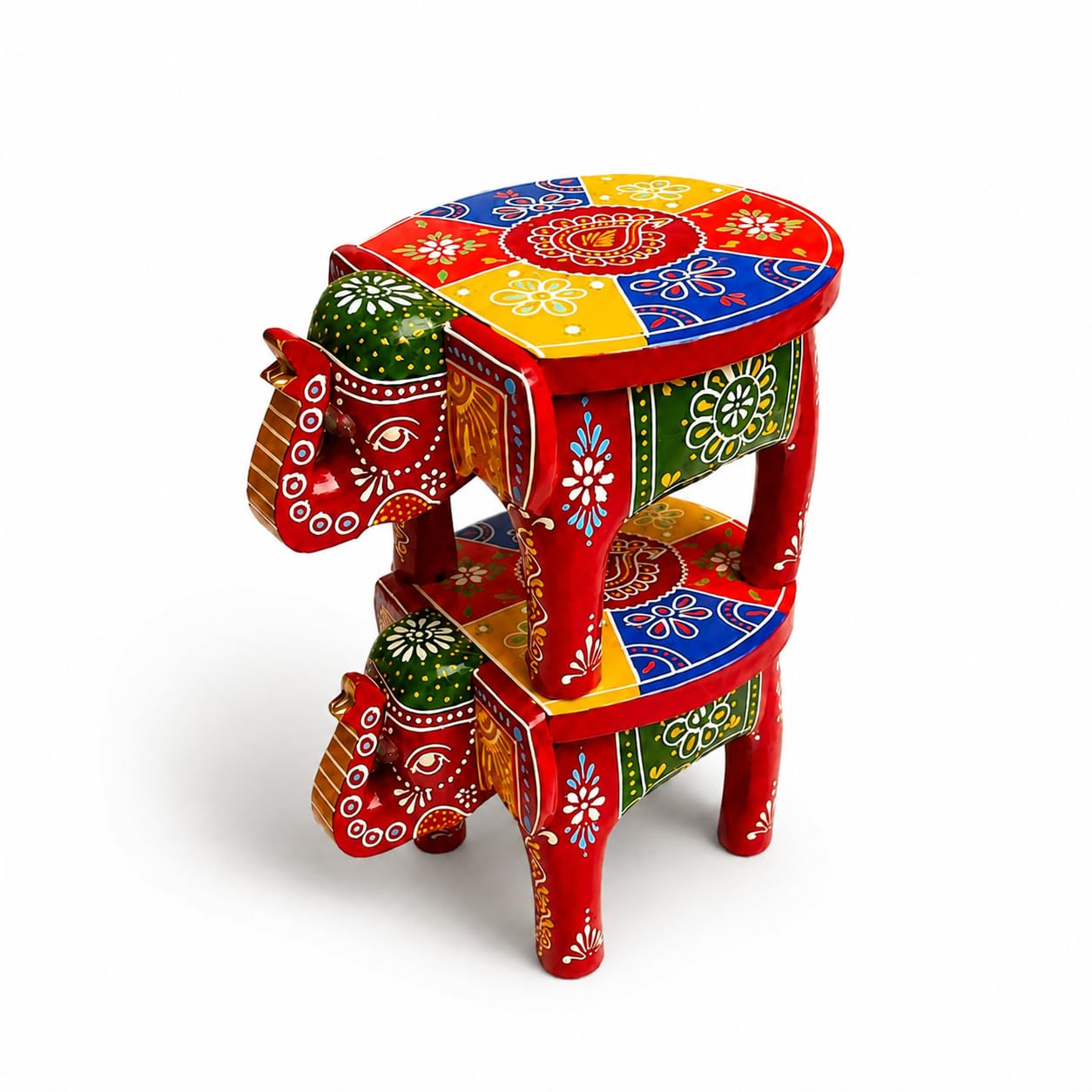 Red Elephant Stool Set of 2 | 4 Inch Wooden Elephant Stool | Handcrafted Rajasthani Decorative Stool | Traditional Indian Hand Painted Design | Small Side Table Plant Stand Accent Furniture | Red-picture-12