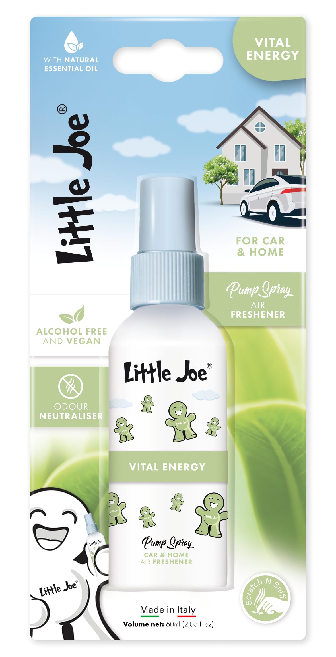 Little Joe 60 ml Spray Air Freshener Vital Energy Scent with Natural Essential Oils. Alcohol-Free and Vegan. Long-Lasting. Perfect for Car, Home and Office, Green