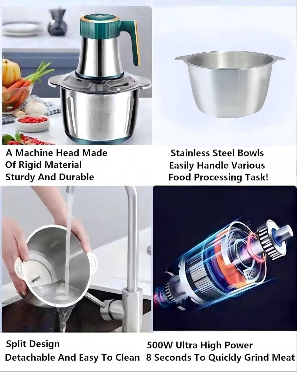 Electric Meat Grinder, 5L Stainless Steel Food Processor, 500W, 5-Speed, for Dough, Meat, Vegetables, Nuts, Fruits, Garlic, Onion