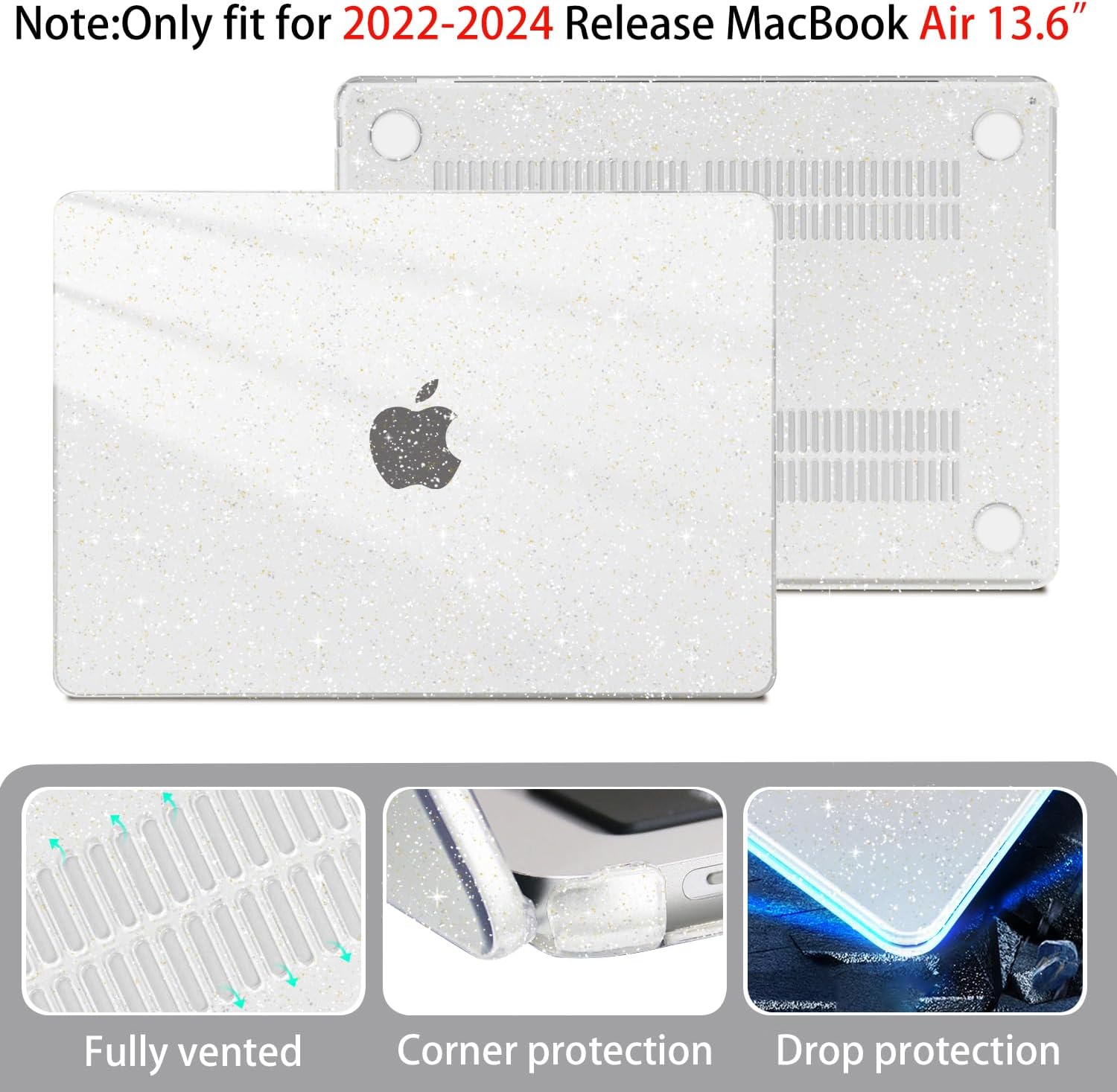 Case for MacBook Air 13.6 inch M2 M3 M4 2022 2024 2025 A2681 A3113 A3240, Plastic Hard Shell Case Keyboard Cover Screen Protector USB C to USB 3.0 Adapter, Sparkly Clear