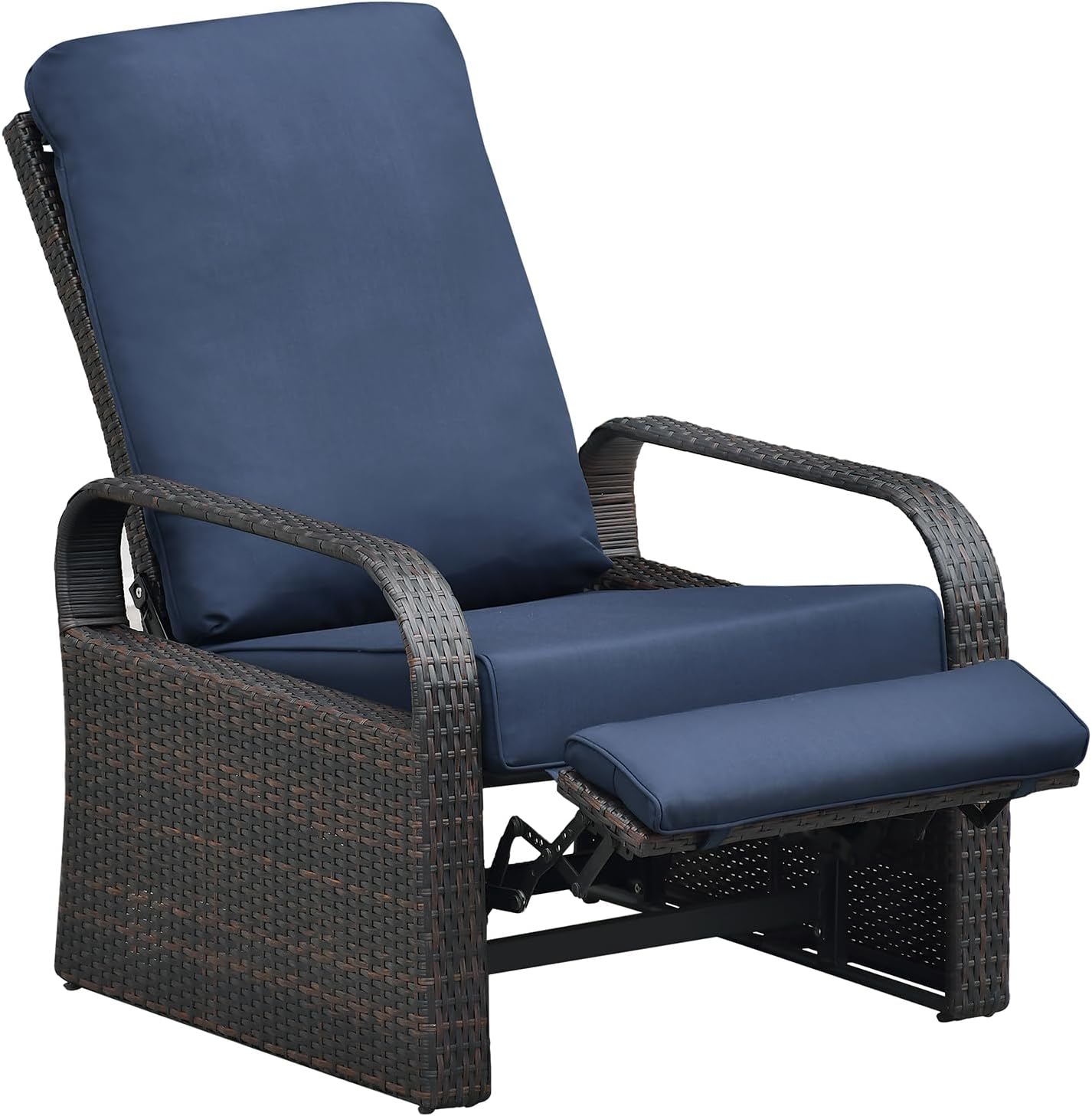 Outdoor Wicker Recliner Chair with 5.5'' Cushions, Automatic Adjustable Patio Lounge Chairs, Aluminum Frame Reclining Chair for Lawn Backyard Porch Poolside Deck (Navy Blue)