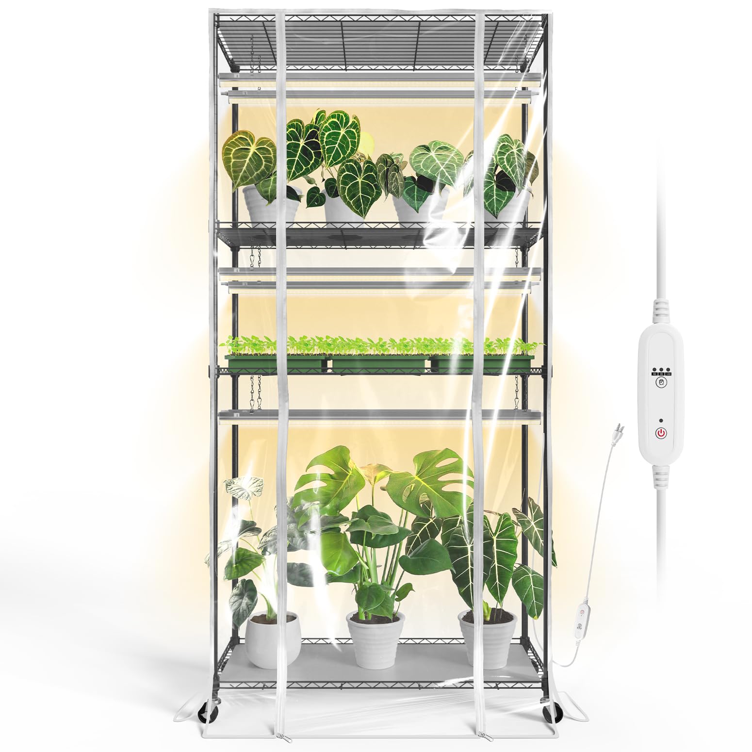 Indoor Greenhouse with Grow Light, Tall Green house with 6 Pack T5 Full Spectrum Plant Lights with Timer, Plant Shelf with Tent for Indoor Plant, Seed Starting, Seed Tray, 35.4"x13.8"x70.8"