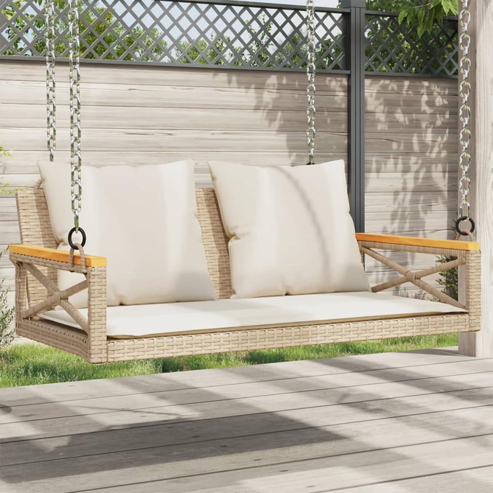 Homgoday Bequeme Rattan-Schaukelbank mit Kissen, beige, 109x62x40 cm, für Außenbereich Model368157