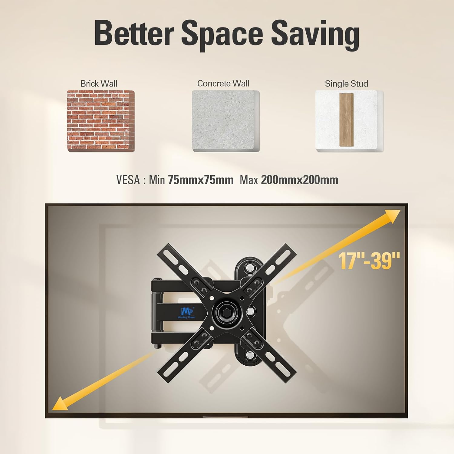 Mounting Dream Monitor Wall Mount for Most 17-39 Inch (Some up to 42 inch)，UL Listed TV Mount TV Bracket with Articulating Arms Tilt Swivel Extension Rotation, Up to VESA 200x200mm and 33 lbs, MD2462