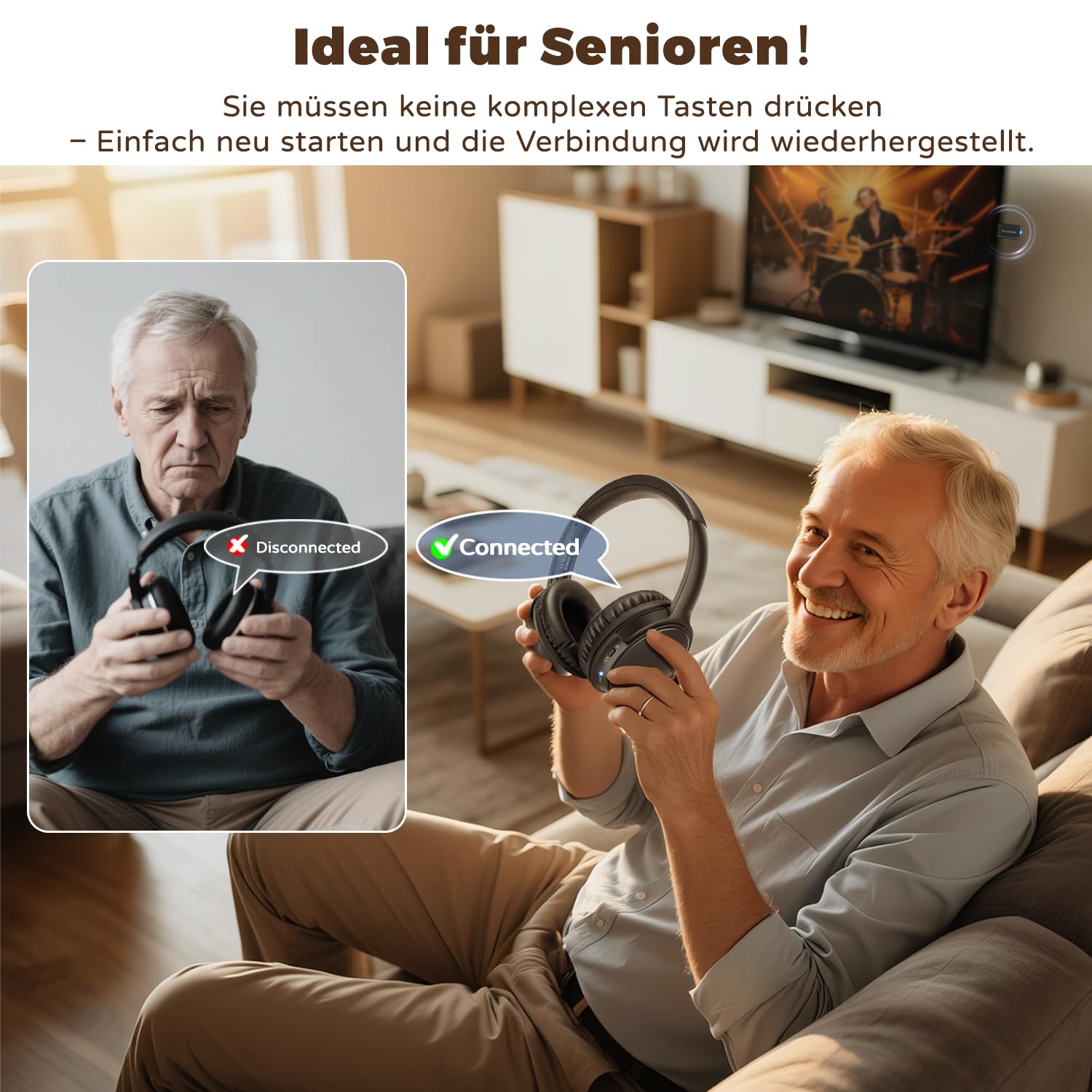 Holdsound TV Kopfhörer Kabellos Senioren, Funkkopfhörer Kabellos für TV mit USB-Sender, Mehr Lautstärke, Plug-and-Play, Keine Audioverzögerung, 40 Stunden Audiowiedergabe