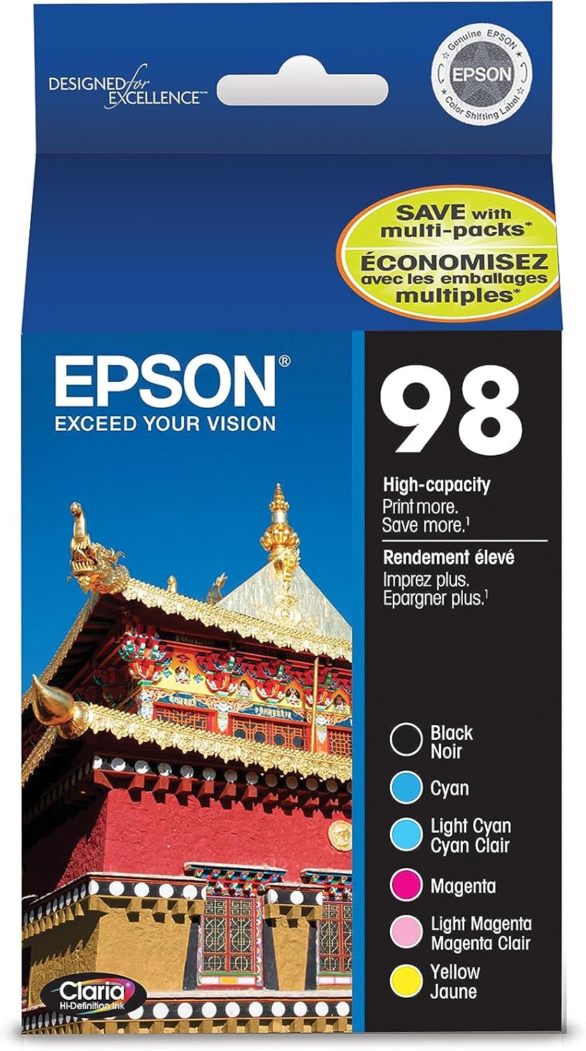 EPSON 98 Claria Hi-Definition Ink High Capacity Black & Color Combo Pack (T098120-BCS) Works with Artisan-700, 710, 725, 730, 800, 810, 835, 837