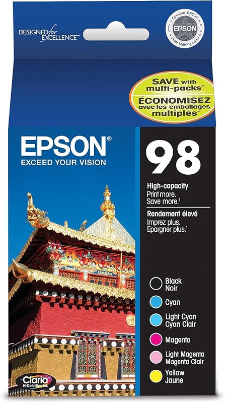 Paquete combinado de tinta de alta definición Epson 98 Claria de alta capacidad en negro y color (T098120-BCS) Funciona con Artisan-700, 710, 725, 730, 800, 810, 835, 837