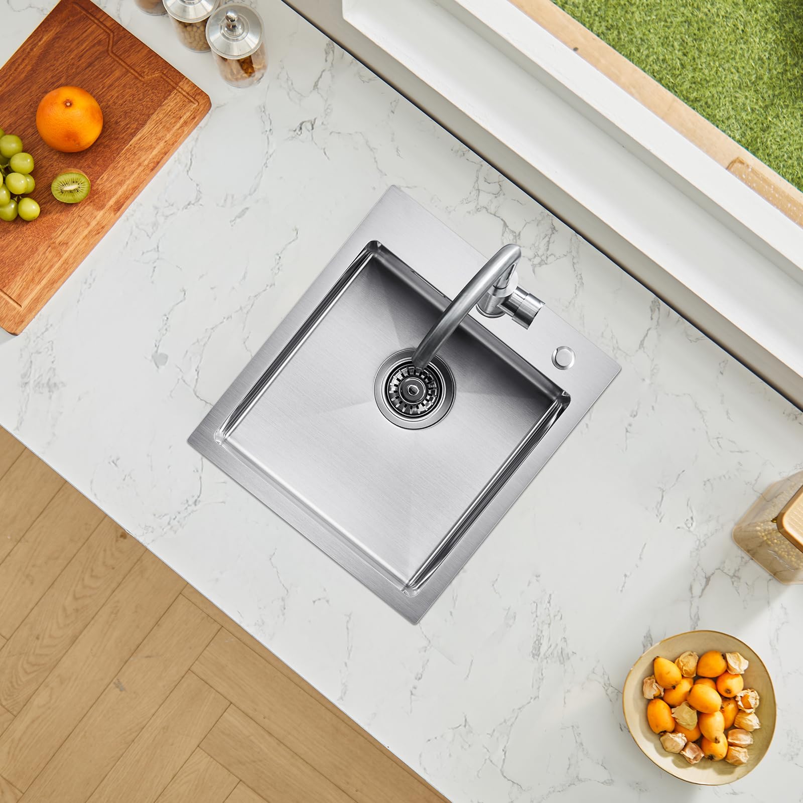VEVOR Évier de Cuisine 40 cm à Montage par le Haut en Acier Inox 304, Cuve Simple à Poser et Encastrer avec Accessoires pour Camping-car, Cuisine, Bar
