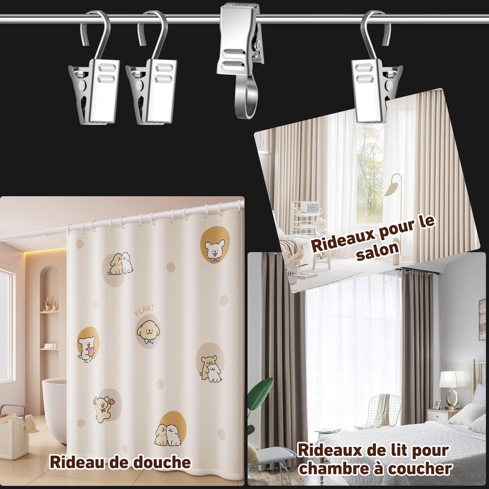 60 Pinces à Rideaux En Métal Noir Avec Crochets - En Acier Inoxydable, Pour Rideaux, Photos, Guirlandes