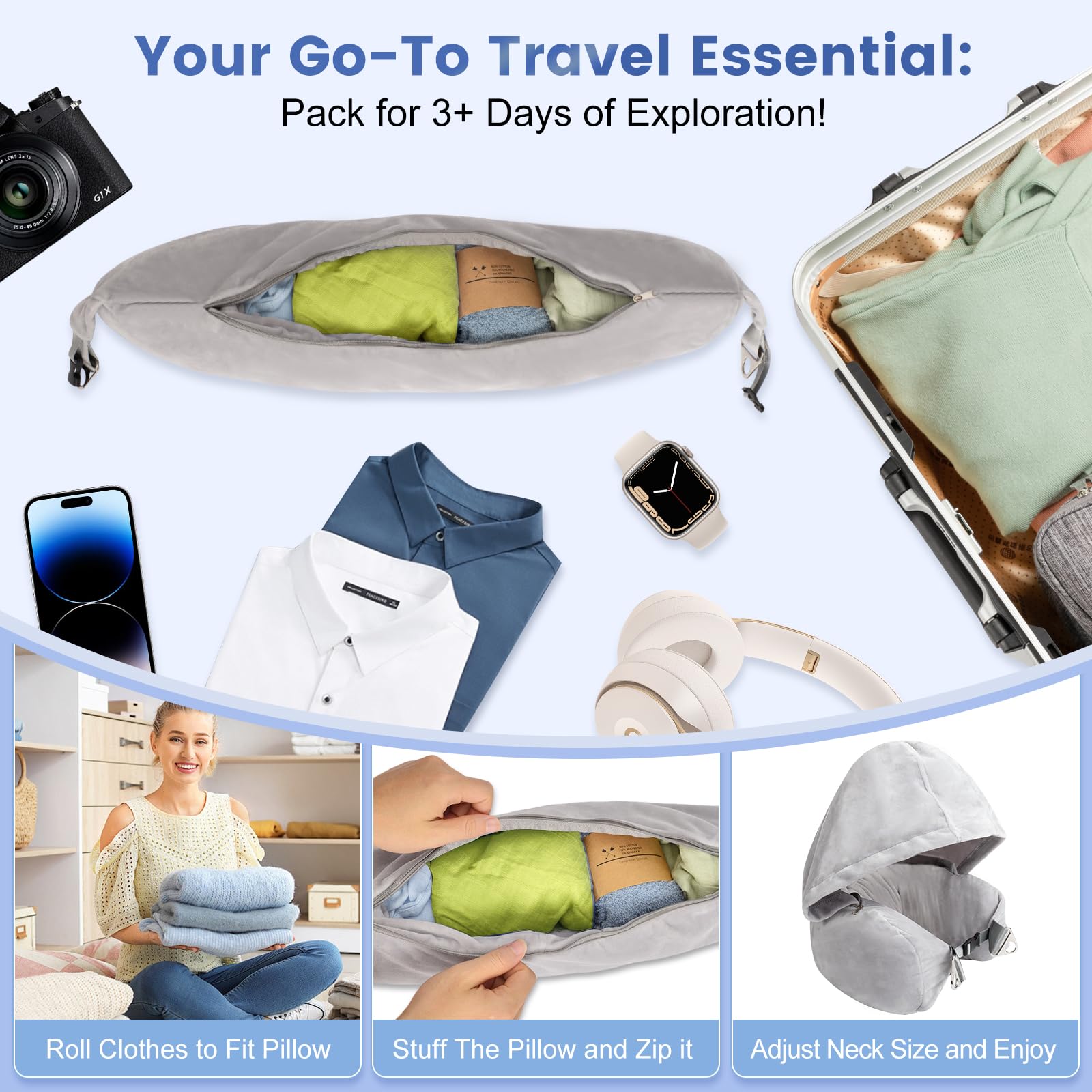 DreamShore Almohada de cuello rellenable para viajes con capucha, almohada de viaje de terciopelo ajustable con tapones para los oídos y máscara de ojos, almohada de cuello de viaje definitiva para