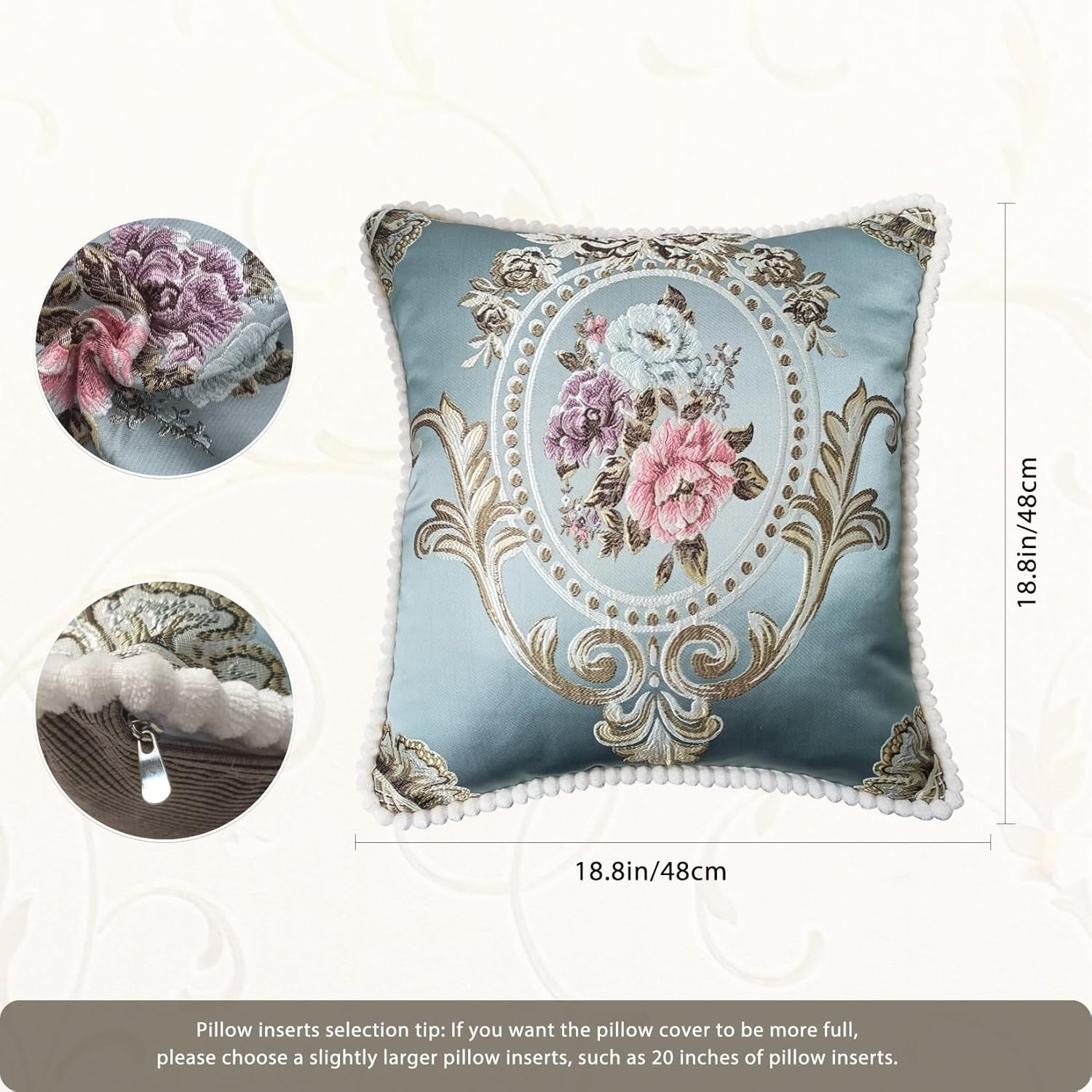 Pillow Covers Set of 2, Jacquard Embroidery Retro Decorative Cushion Covers, Throw Pillow Cover for Living Room, Bedroom, Balcony, Office Sofa, Recliner, Bed, 18.8 * 18.8 Inch Blue