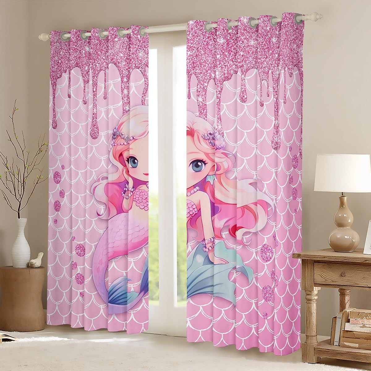 Manfei Mermaid Girls Blackout Curtain Pink Glitter Diamond Window Drapes for Kid Princess Room Decor Pink Mermaid Fish Scale Window Treatments - Image 2