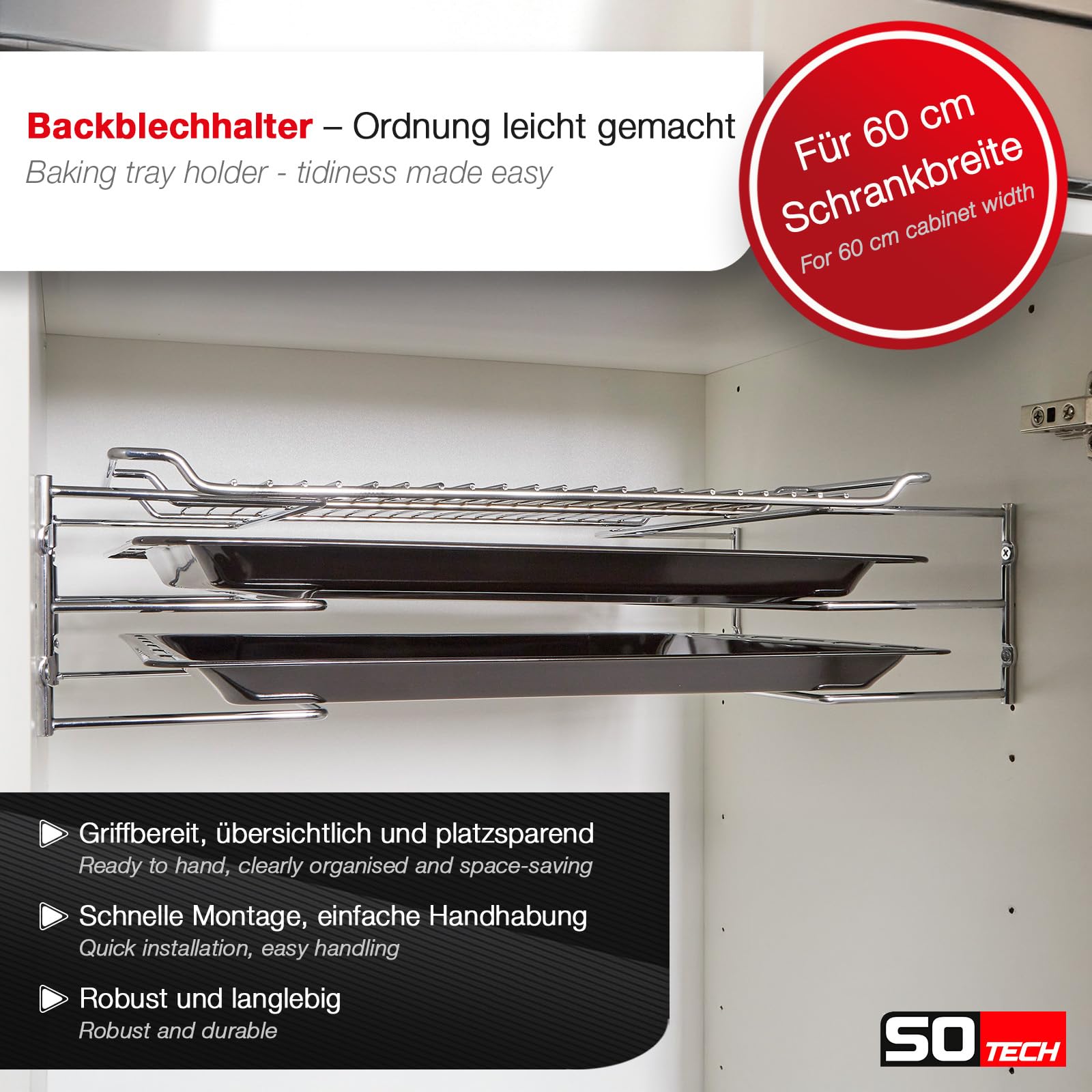 SOTECH Backblechhalter für 3 Backbleche (364 x 140 x 125 mm, chrom poliert, für 600 mm Korpusbreite) Gitterrost-Halterung - Ordnung leicht gemacht