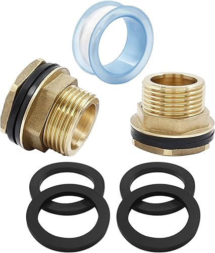 2 conectores de latón para mamparo, macho de 1 pulgada sin hembra, conector de tanque de agua de latón macizo con anillos de goma para barriles de