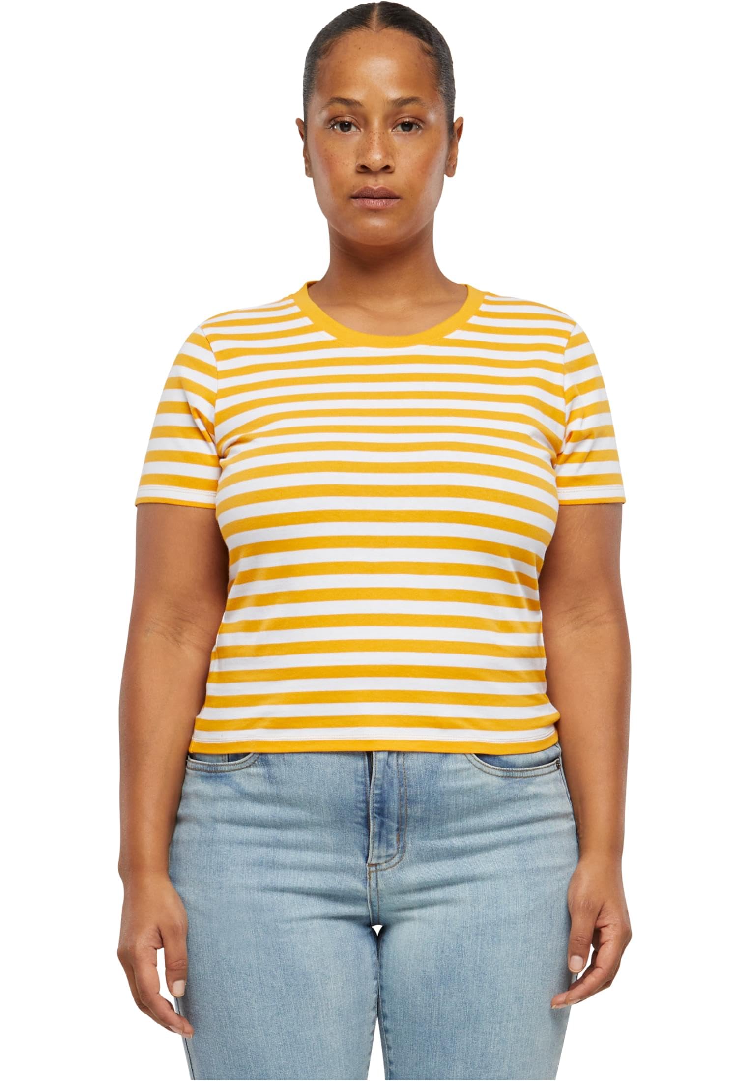 Urban Classics Women's T-Shirt Ladies Short Striped Tee White/Magicmango 3XL, White/Magicmango, XXXL