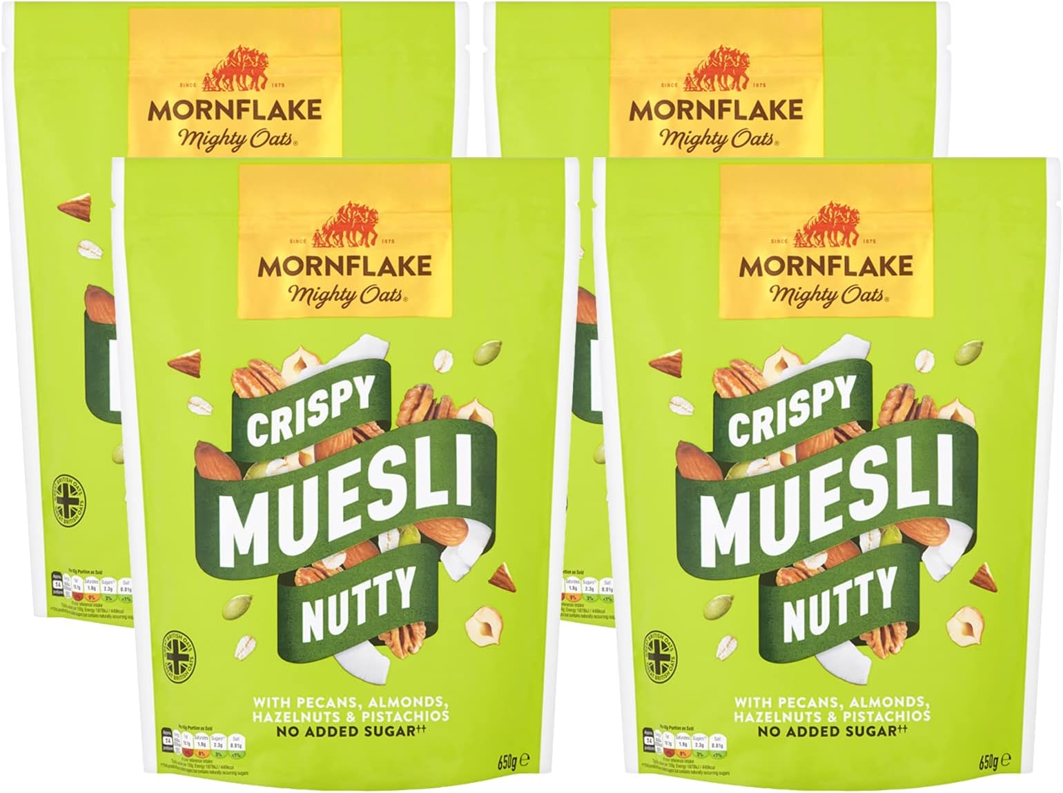 Mornflake - 4x 650g Mighty Oats, Crispy & Nutty Muesli No Added Sugar. Vegan, Healthy, High Fibre Breakfast Cereal With Nuts Mix Including Pecans, Almonds, Hazelnuts & Pistachios