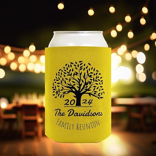 Miniatura 7 de Recuerdos de fiesta de reunión familiar, año de reunión familiar personalizado y apellido amarillo profundo, paquete de 12 enfriadores