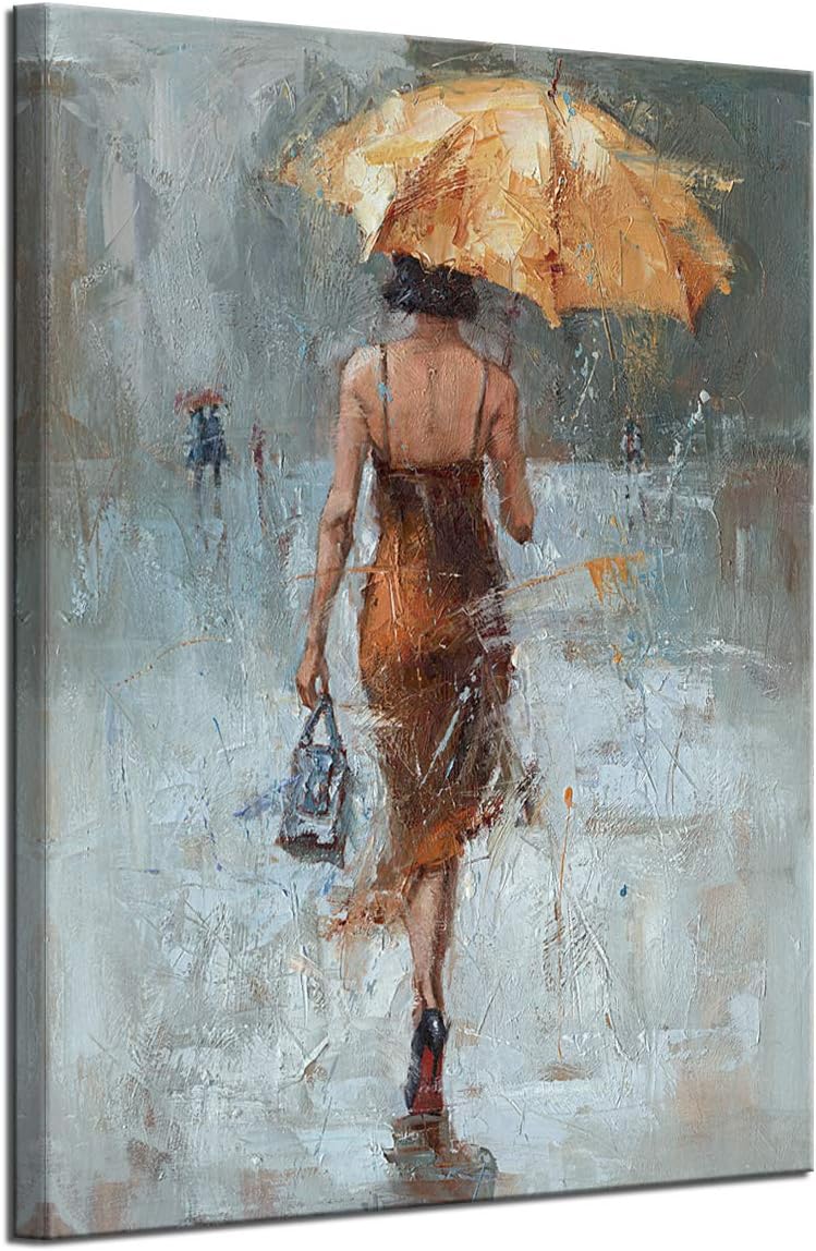 Large Canvas Wall Art Girl Umbrella With Khaki Dress Walking in Street Rain Modern Print Painting Big Abstract Artwork for Office Home Decor