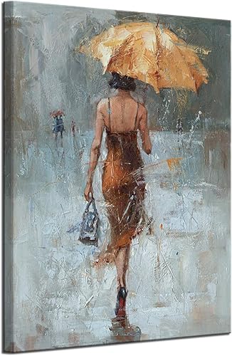 Miniatura 2 de Lienzo de pared con paraguas de niña con vestido caqui caminando en la calle lluvia pintura arte moderno lienzo abstracto obra de arte