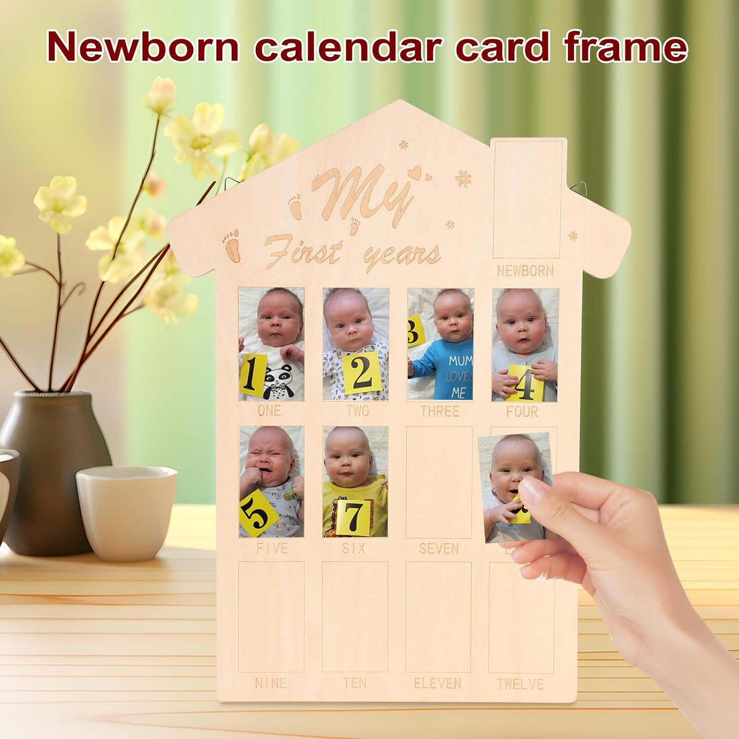 Wooden Photo Frame 12 Months Keepsake Photo Board Newborn First Year Achievement Display for Nursery Décor