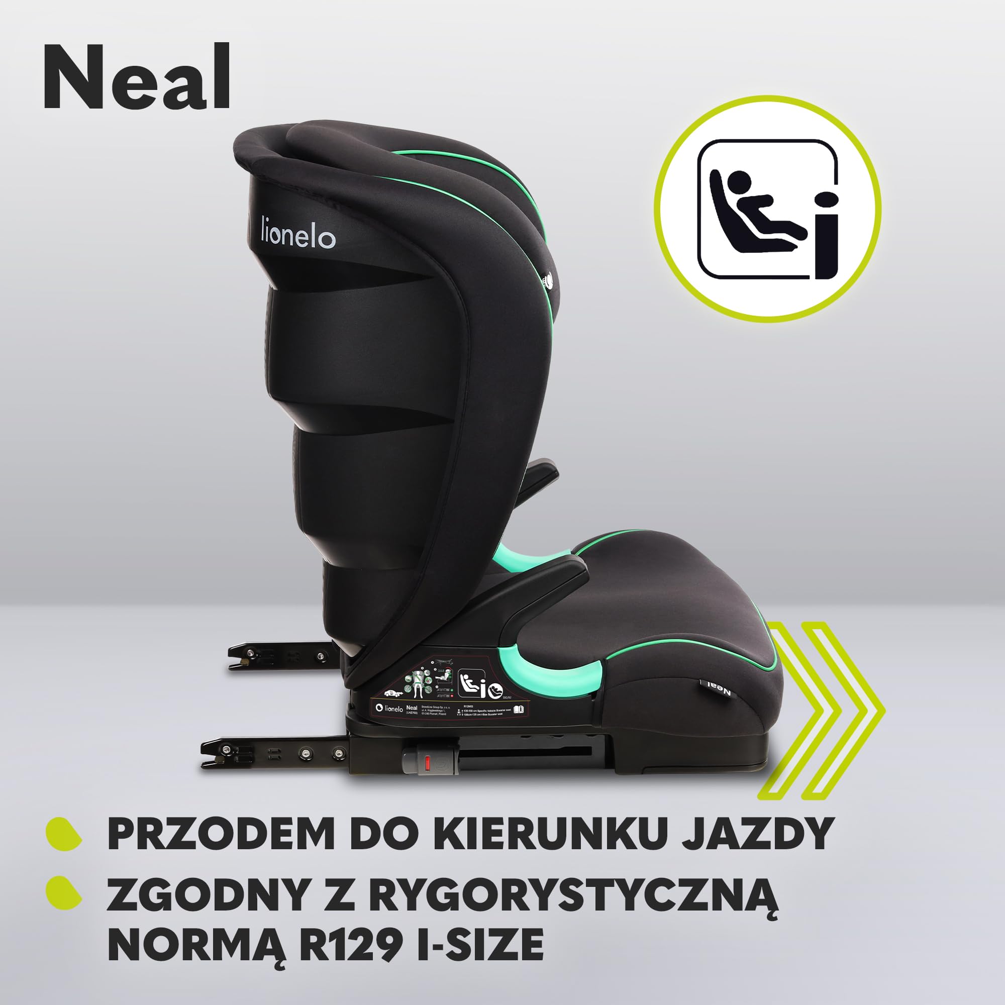 LIONELO Neal fotelik samochodowy do 36kg, zabezpieczenia boczne, Homologacja i-Size, modny design, system montażu ISOFIX, 4-12 rok życia, regulowana wysokość zagłówka, Karta Dziecka (Czarny) | i-Size, 3-stopniowa regulacja oparcia, zagłówek z regulacją wy