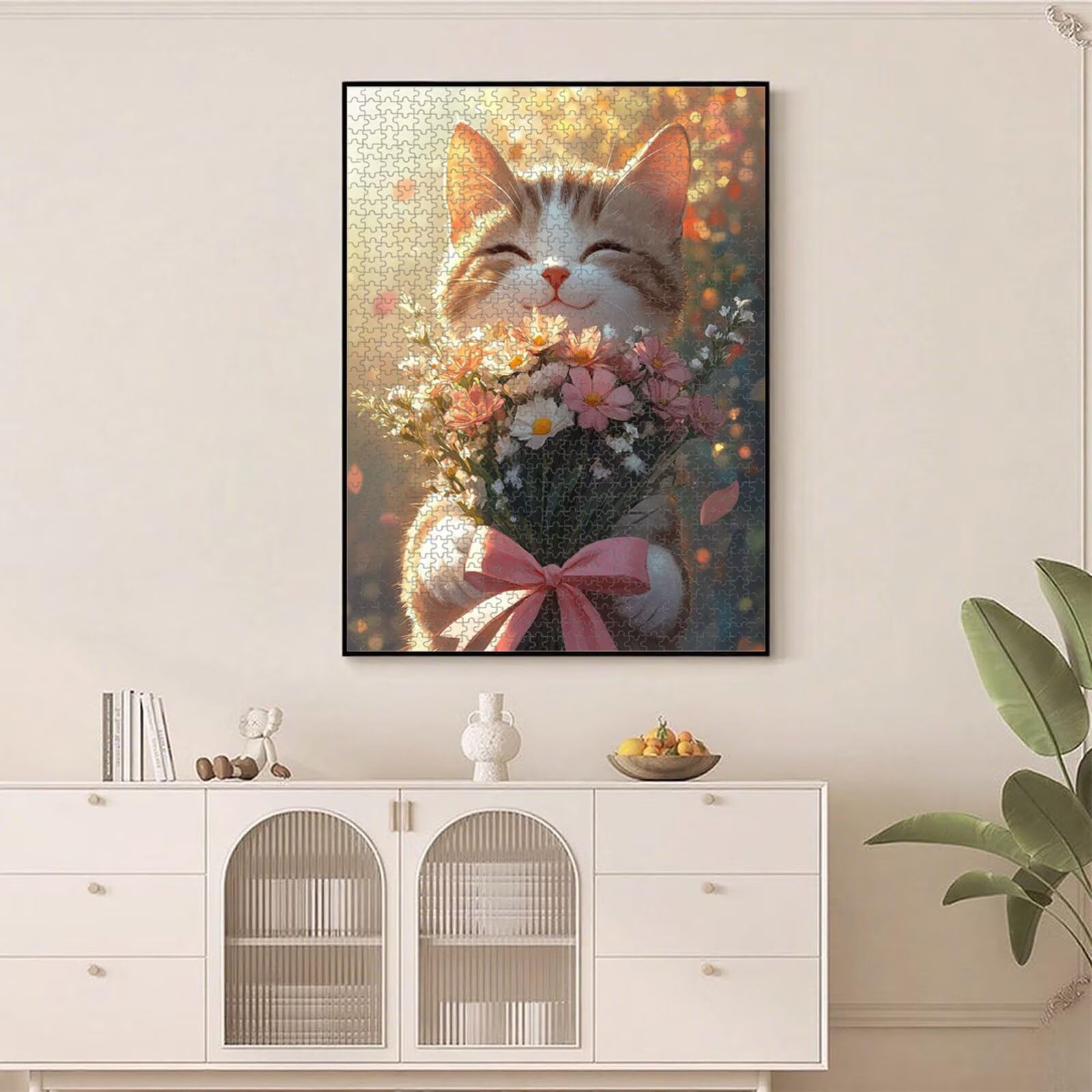 1000 sztuk puzzle dla dorosłych kot i kwiat solidne drewniane puzzle 1T#2405 | Drewniane puzzle, precyzyjne cięcie, jasne atramenty, relaksujący wypoczynek, wystrój domu, prezent, 50x75cm
