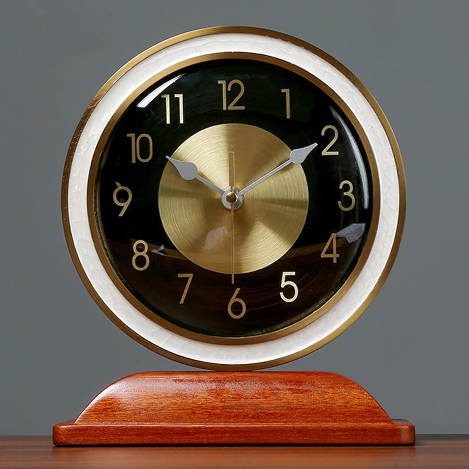 Table Clock Fashion Simple Solid Wood Base Metal Shelf Mantel Clock Modern European Style Living Room Study Silent Desk Clock Easy to Read, B,