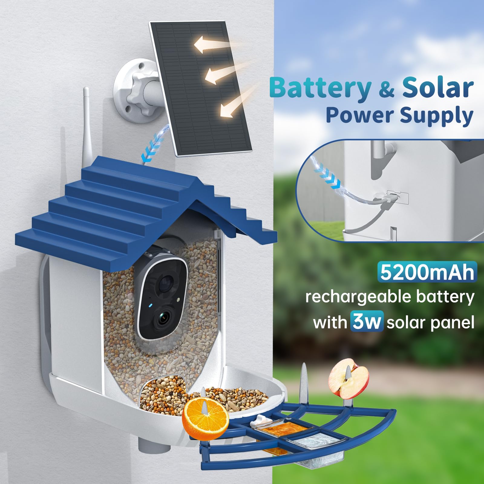 Comedero inteligente para pájaros con cámara, alimentado por energía solar e identificación Bi rd con IA, 2.4 GHz, WiFi, comederos para pájaros para exteriores, video en vivo 2K, alertas de llegada