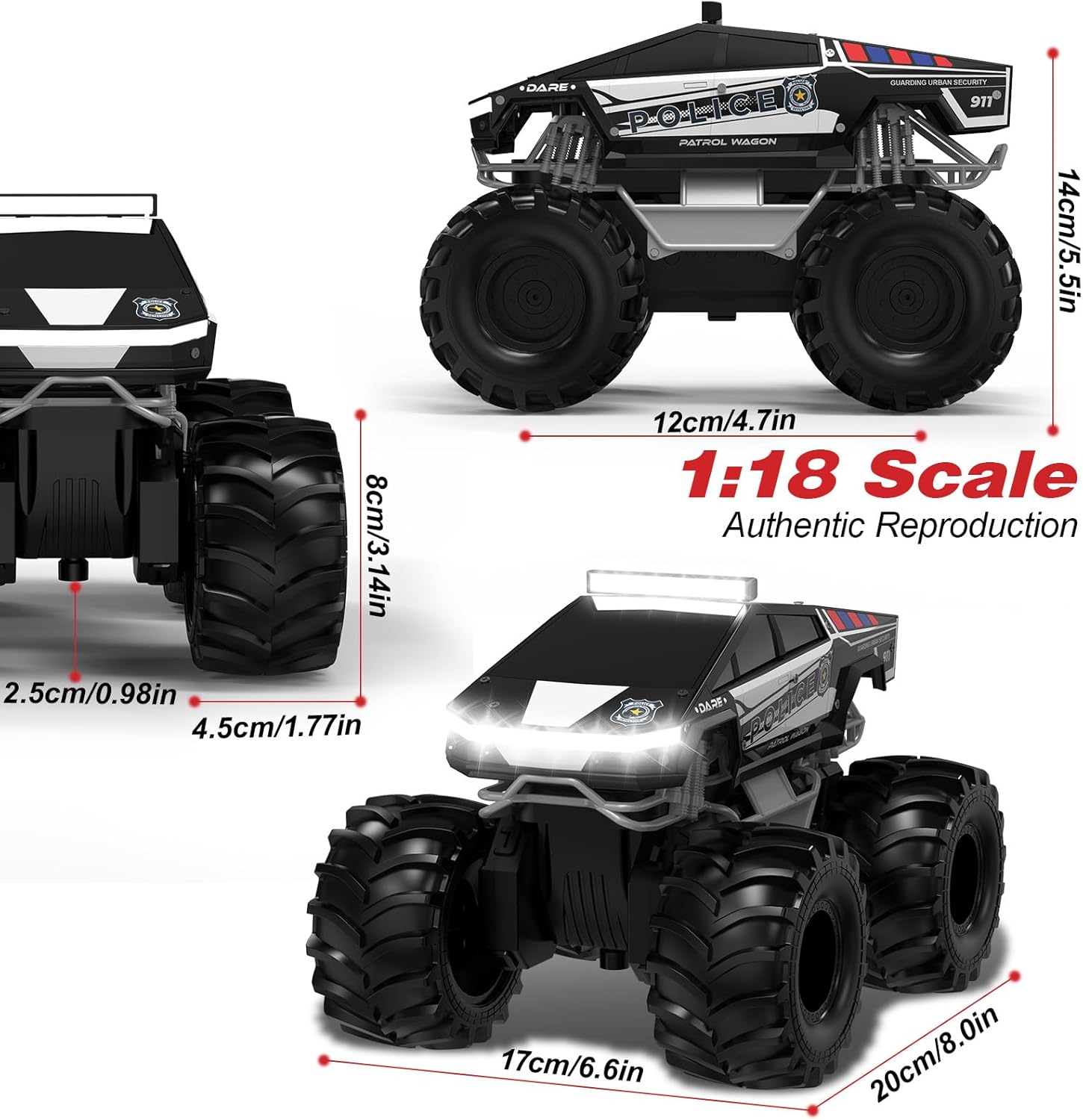 Police Remote Control Car, 1:18 Cyber Truck Remote Control Car, 2.4 GHz Waterproof Amphibious RC Cars, 4WD All Terrain Off-Road Pickup, 360° Rotatable Monster Truck Toys for Boys RC Cars Ages 6+