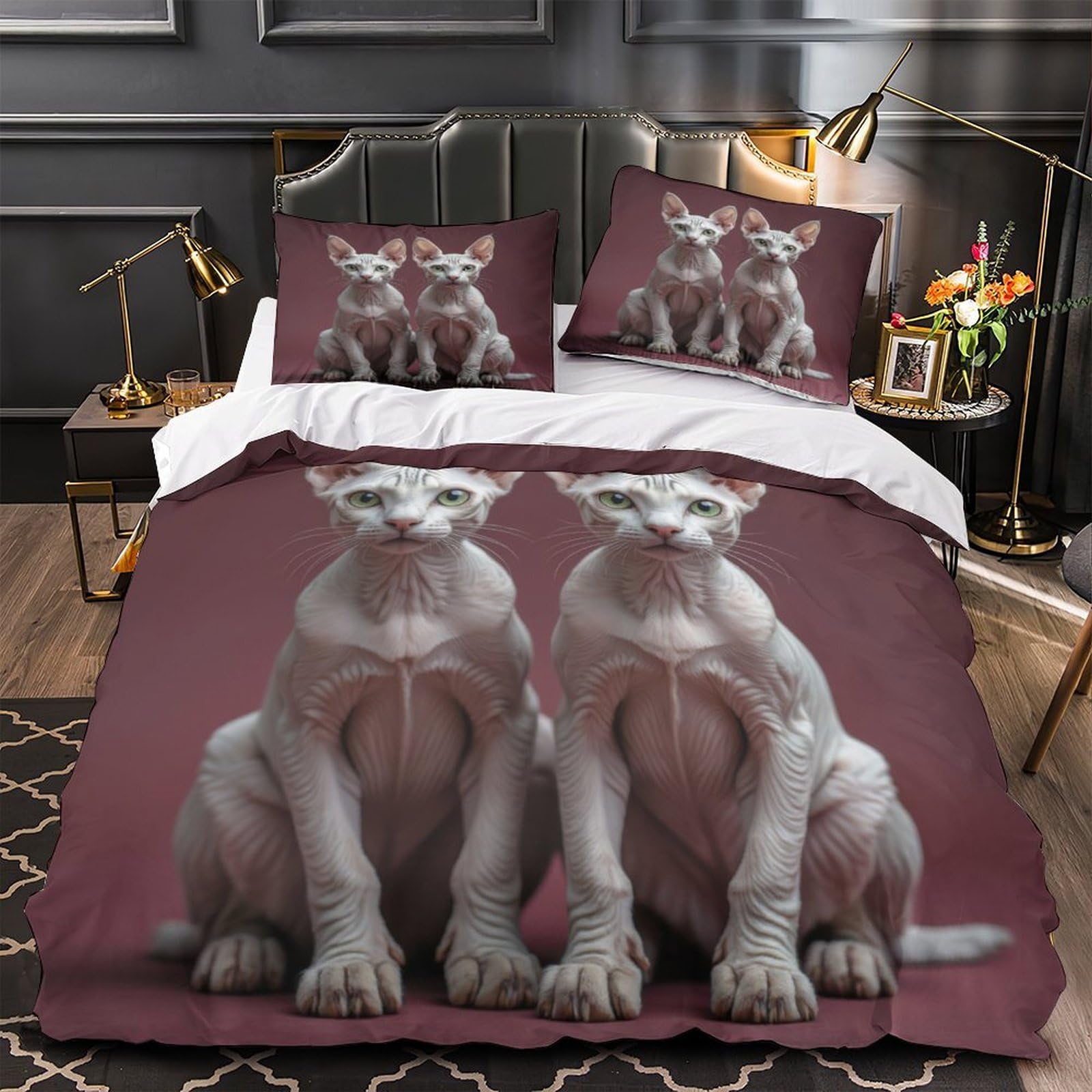 Housse de couette 3D chat Sphynx parure de lit double microfibre